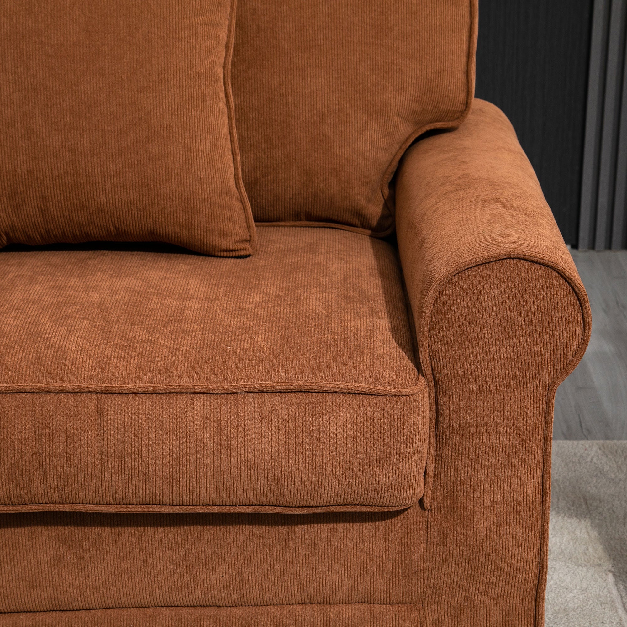HOMCOM Modern 3 Seater Sofa, Corduroy Fabric 3 Seater Couch with Pine Wood Legs and Rolled Armrests for Living Room, Brown