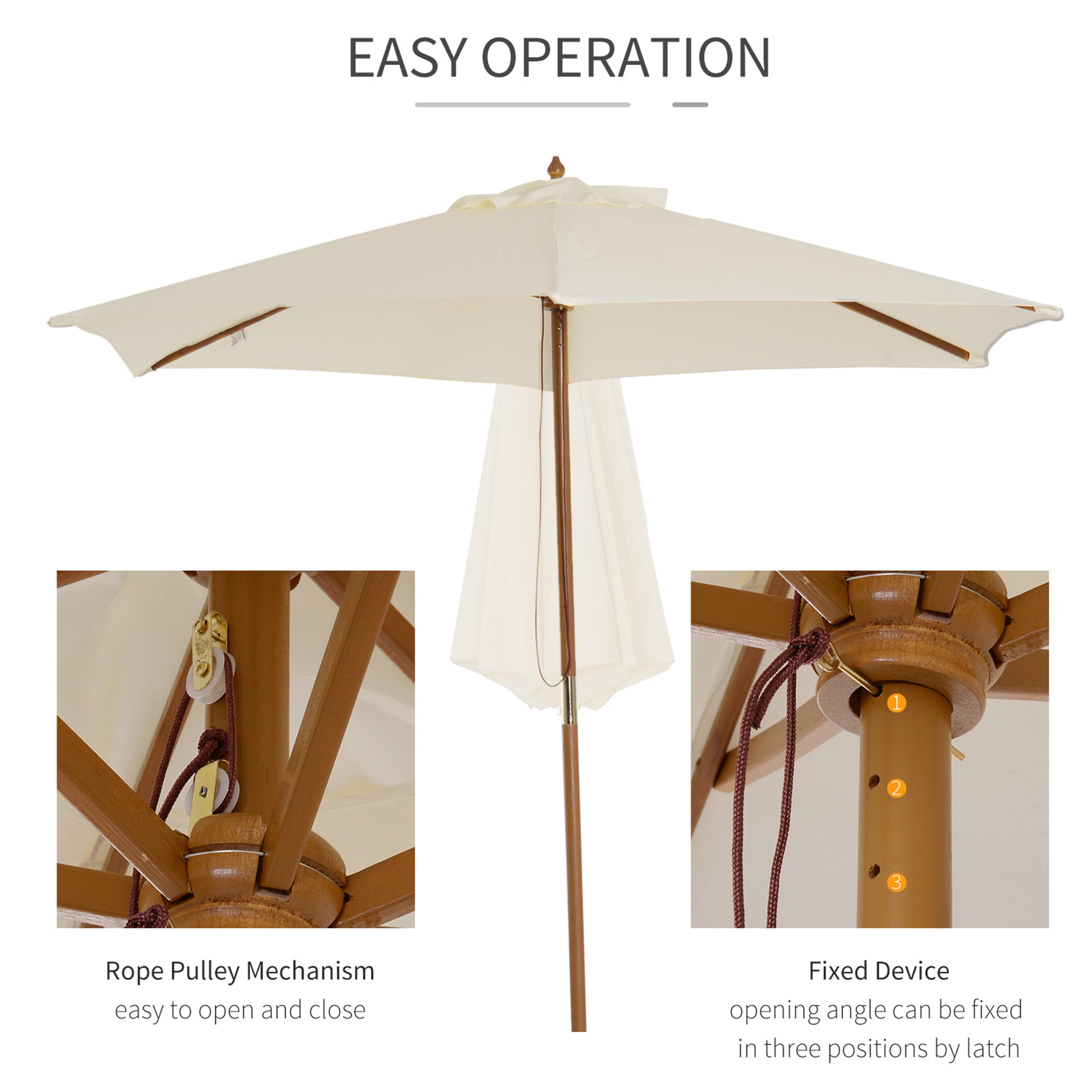 Outsunny 8FT Wood Market Umbrella Patio Umbrella Round Garden Parasol Canopy with Bamboo Ribs and Top Vent, Cream White