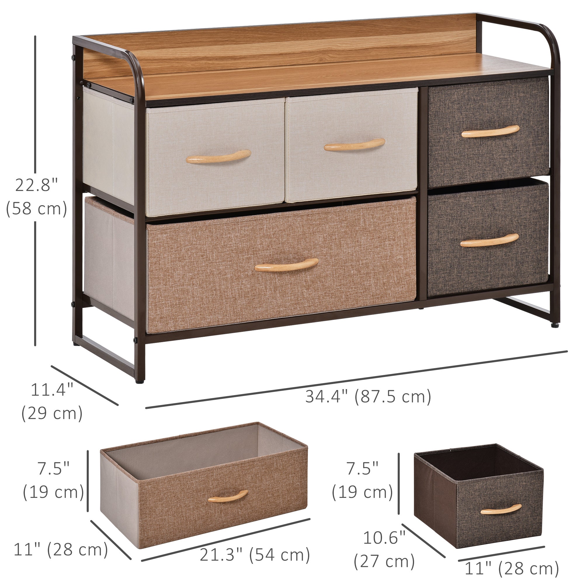 HOMCOM 5-Bin Dresser Storage Tower Cabinet Organizer Unit, Easy Pull Fabric Bins with Metal Frame for Bedroom