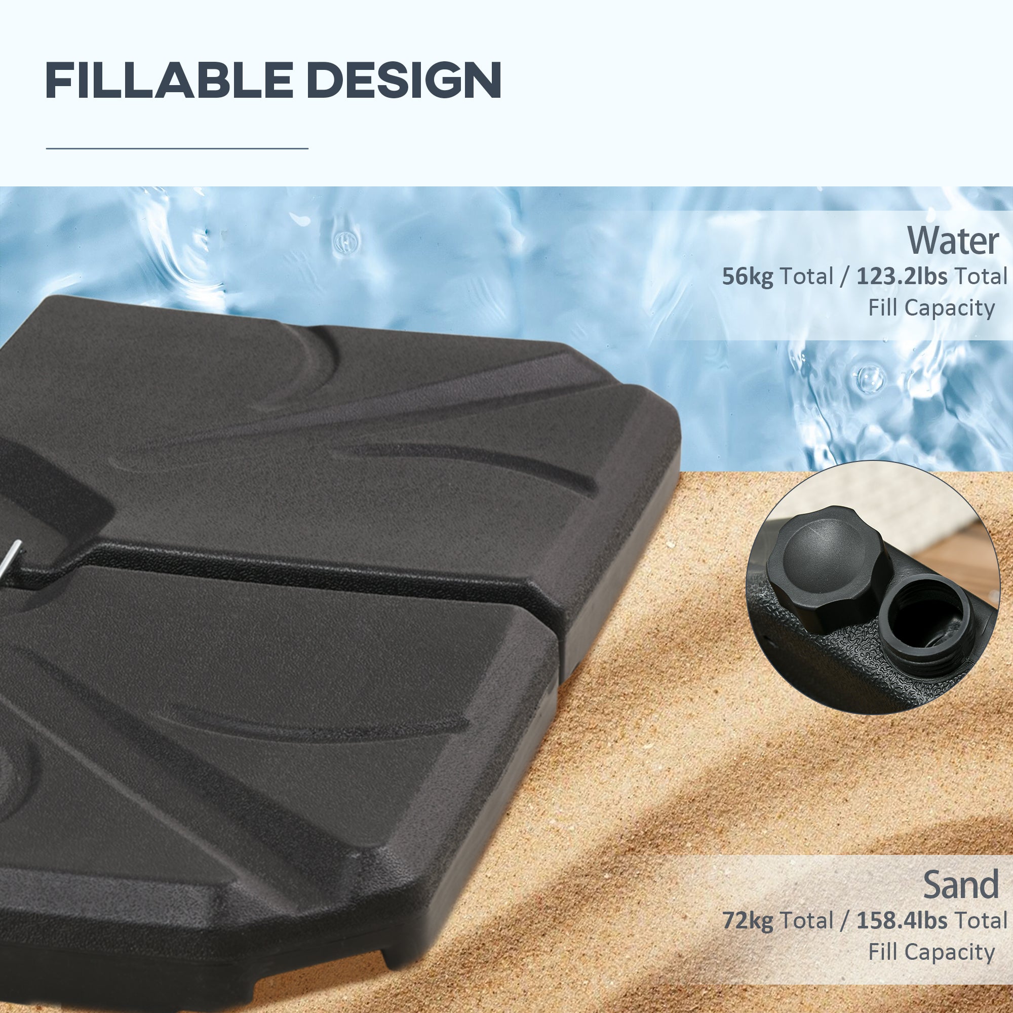 Outsunny 4 Piece Umbrella Base Stand Cantilever Offset Patio Umbrella Weight Plates w/ U Locking, 123 lb Capacity Water or 158 lb Capacity Sand, Black