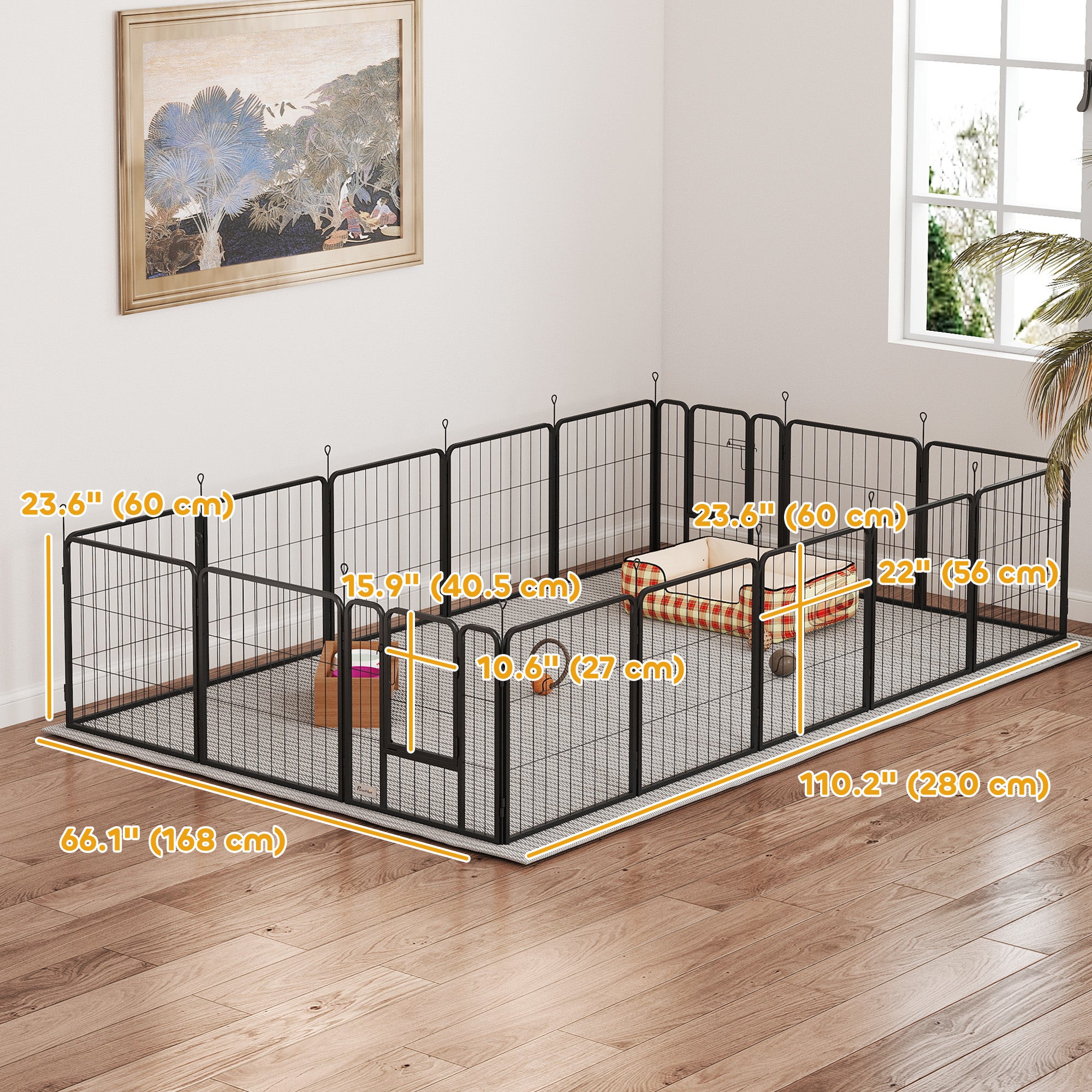 PawHut 16 Panels Dog Playpen with Straps, Portable & DIY, for Small Dogs, for Yard, RV, Camping, Garden, 24" Height