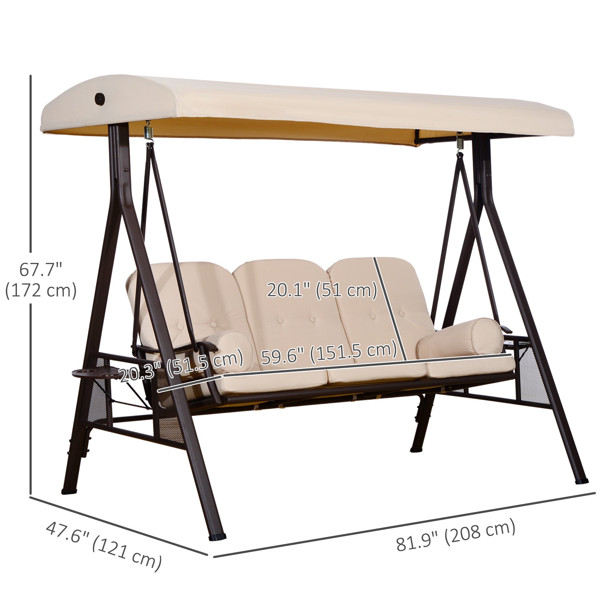 Outsunny 3 Seater Heavy Duty Swing Chair Outdoor Lounge Hammock Cushioned Seat W/ Tilt Canopy, Beige