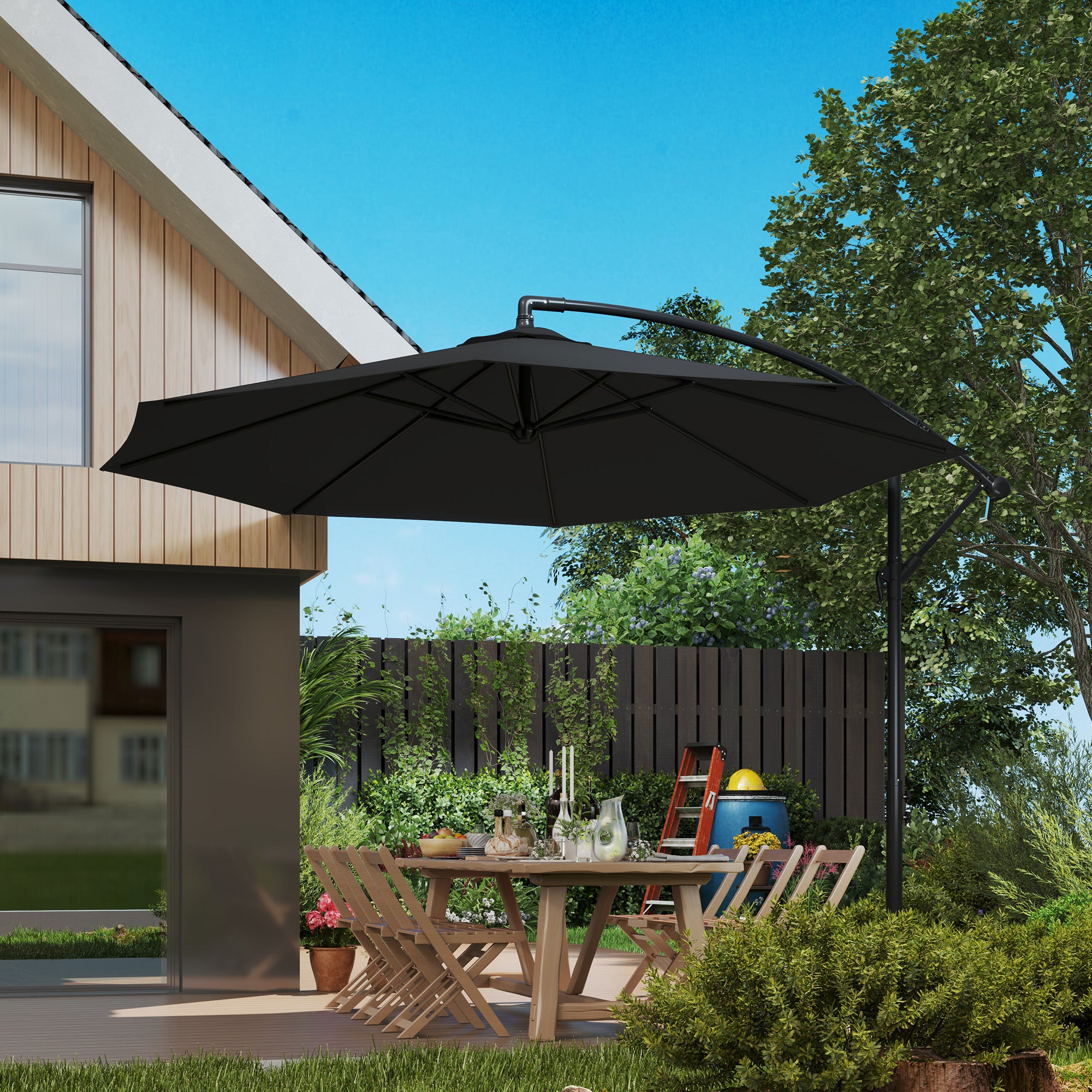 Outsunny 9.7ft Offset Patio Umbrella Garden Hanging Parasol Banana Cantilever Umbrella with Base, Crank, Black