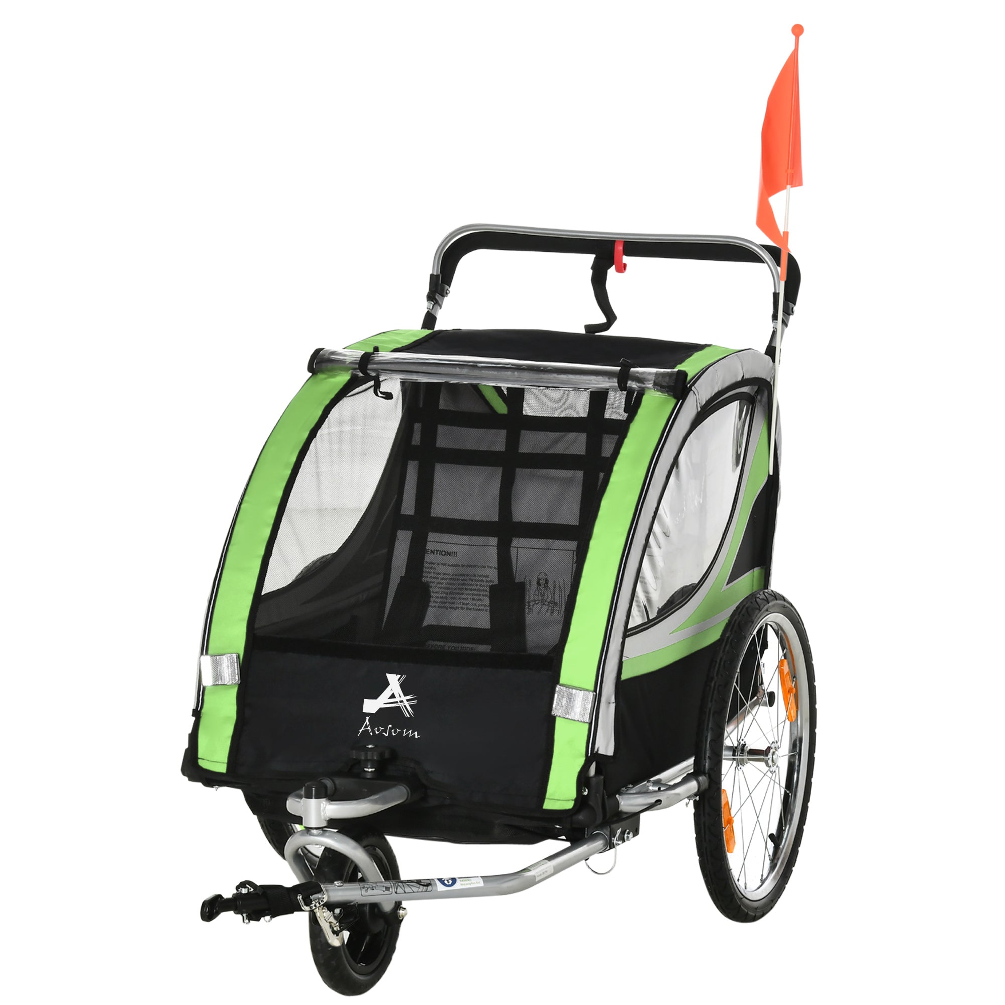 Aosom 2-in-1 Double Baby Jogging Stroller, Bike Trailer for Kids & Toddlers with Handbrake, 5 Point Harness, Waterproof Cover, Storage Bag, Safety Flag, Reflectors, Green