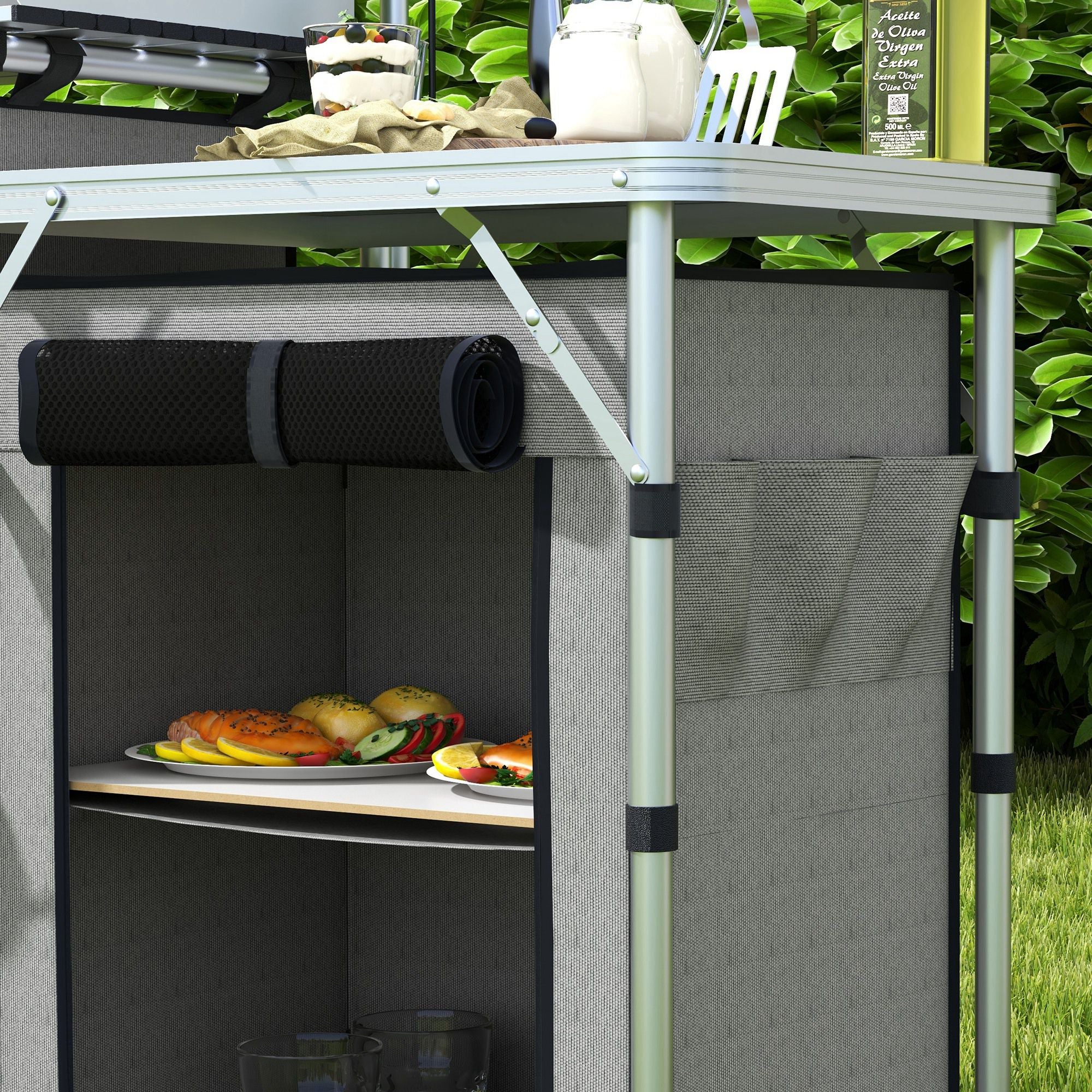 Outsunny Aluminum Camping Kitchen, Portable Folding Camping Table with Fabric Cupboards, Windshield, Bag for BBQ, Picnic, Grey