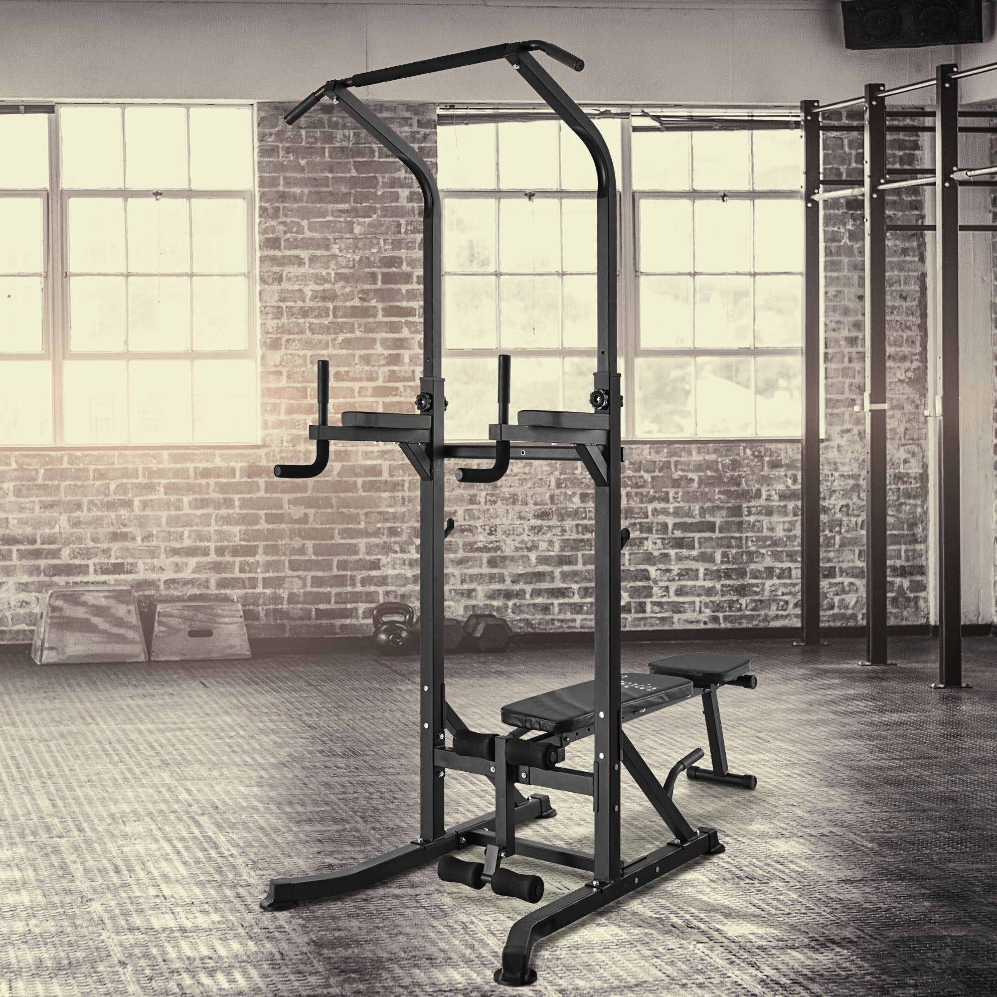 Soozier Foldable Power Tower Pull Up Dip Station with Adjustable Weight Bench for Home Gym Strength Training Fitness