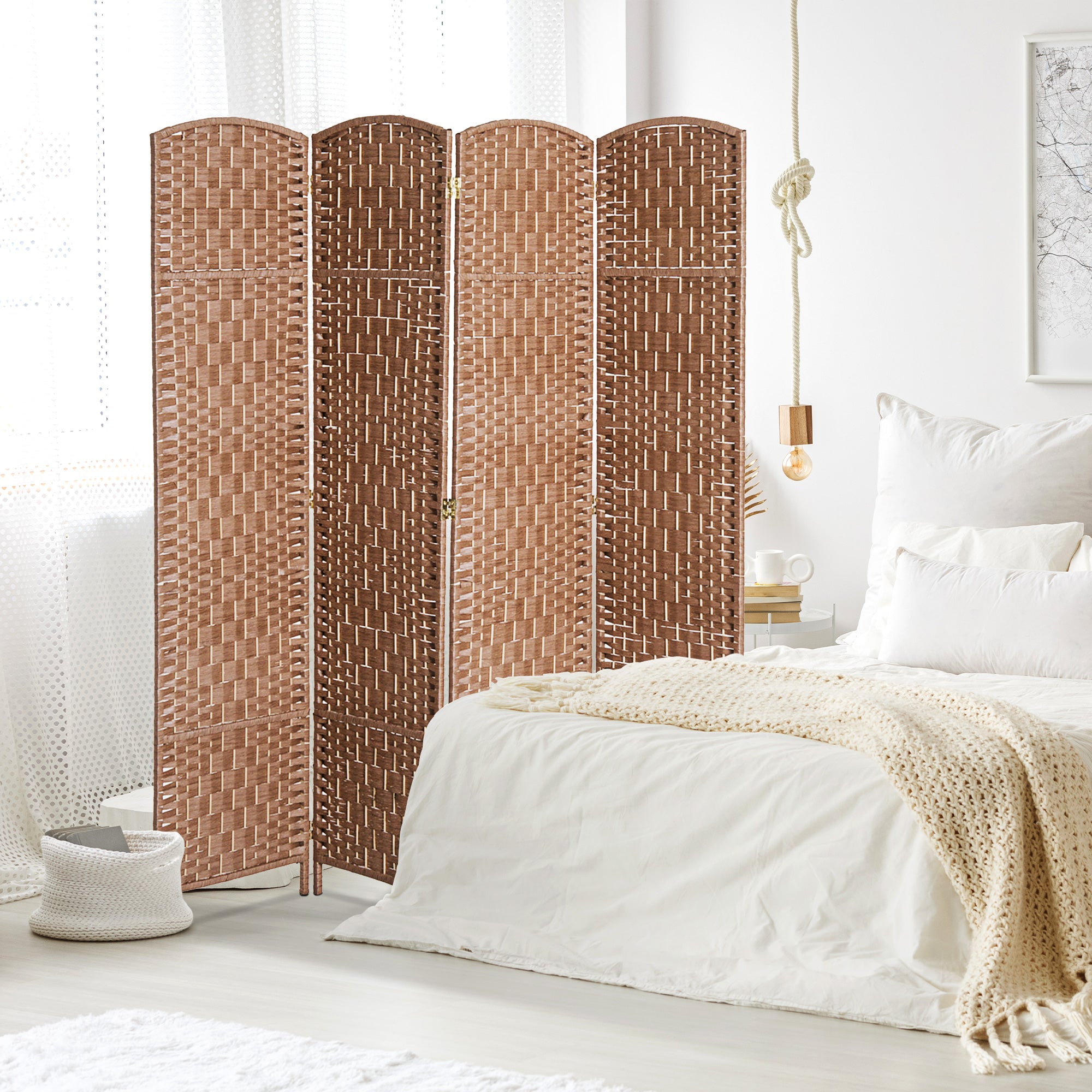 HOMCOM 6ft Folding Room Divider, 4 Panel Wall Partition with Wooden Frame for Bedroom, Home Office, Natural