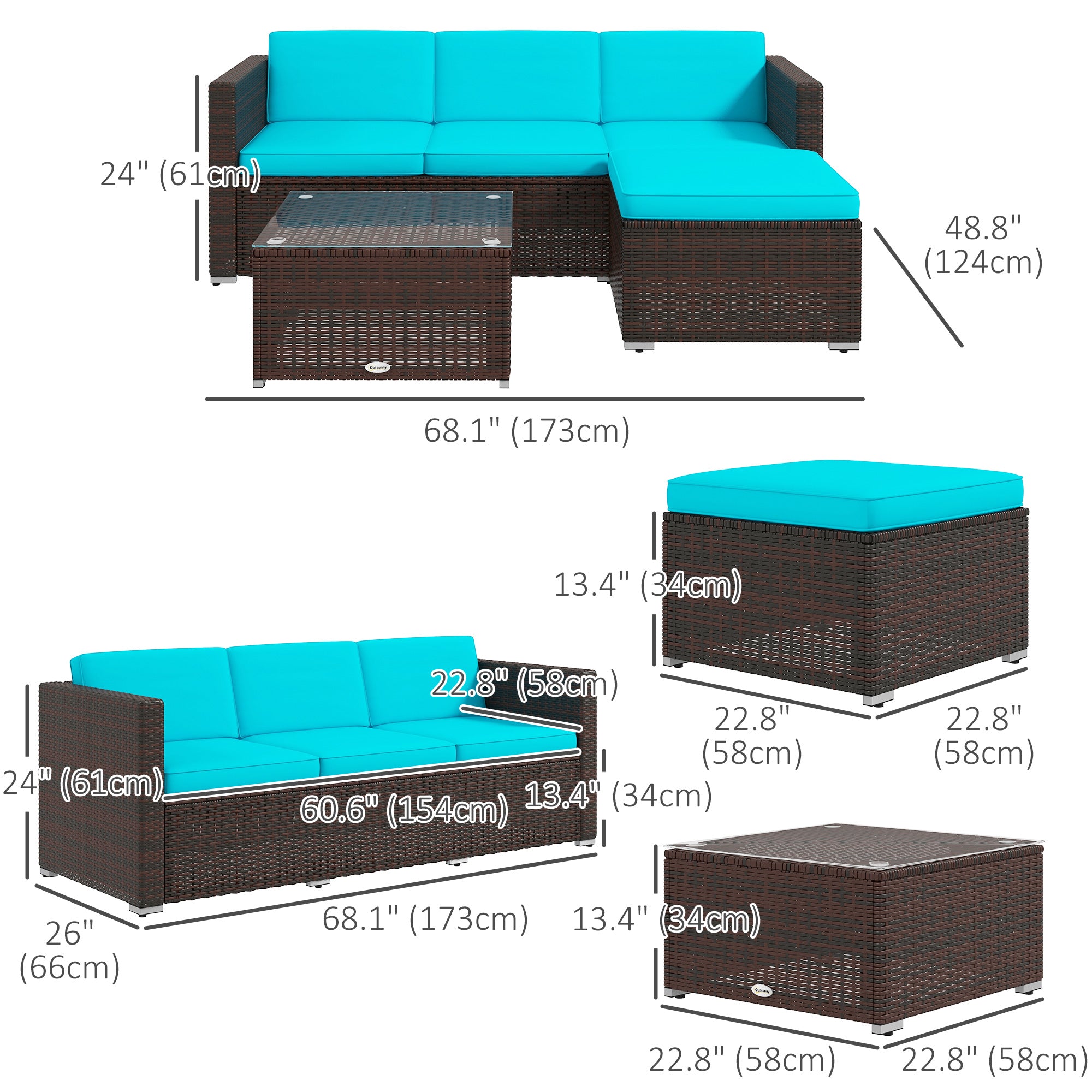 Outsunny Patio Furniture w/ Soft Cushions, Corner Sofa Sets, Turquoise
