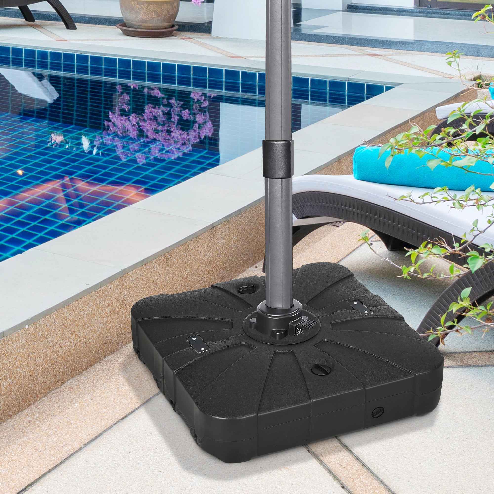 Outsunny Fillable Cantilever Patio Umbrella Base with Wheels, Heavy-duty Offset Umbrella Weights with Spouts and Cross Base, 285lbs Sand or 220lbs Water Filled, Black