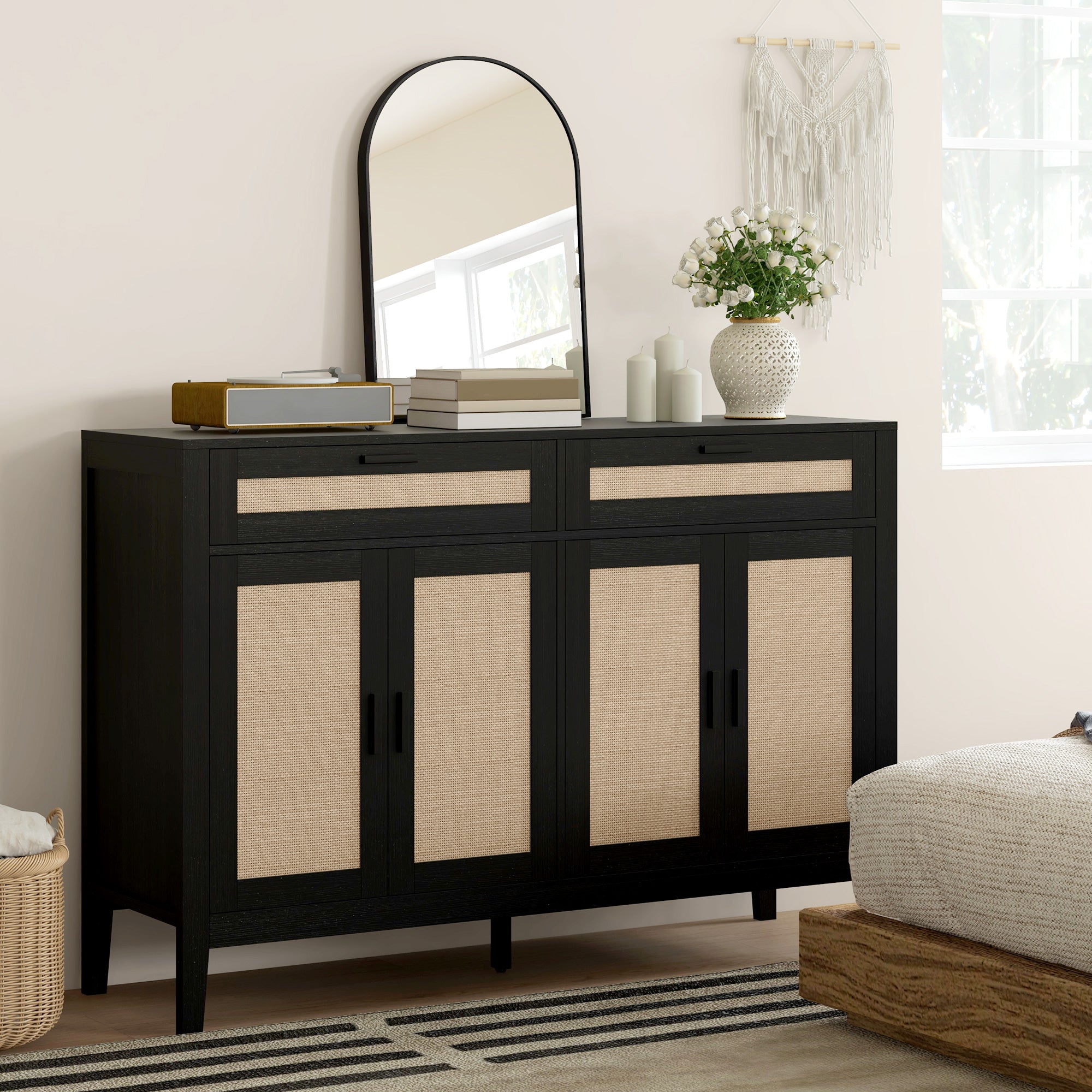 HOMCOM Kitchen Sideboard Cabinet, Boho Buffet Table with Decorative Rattan Doors and Drawers for Dining Room, Black