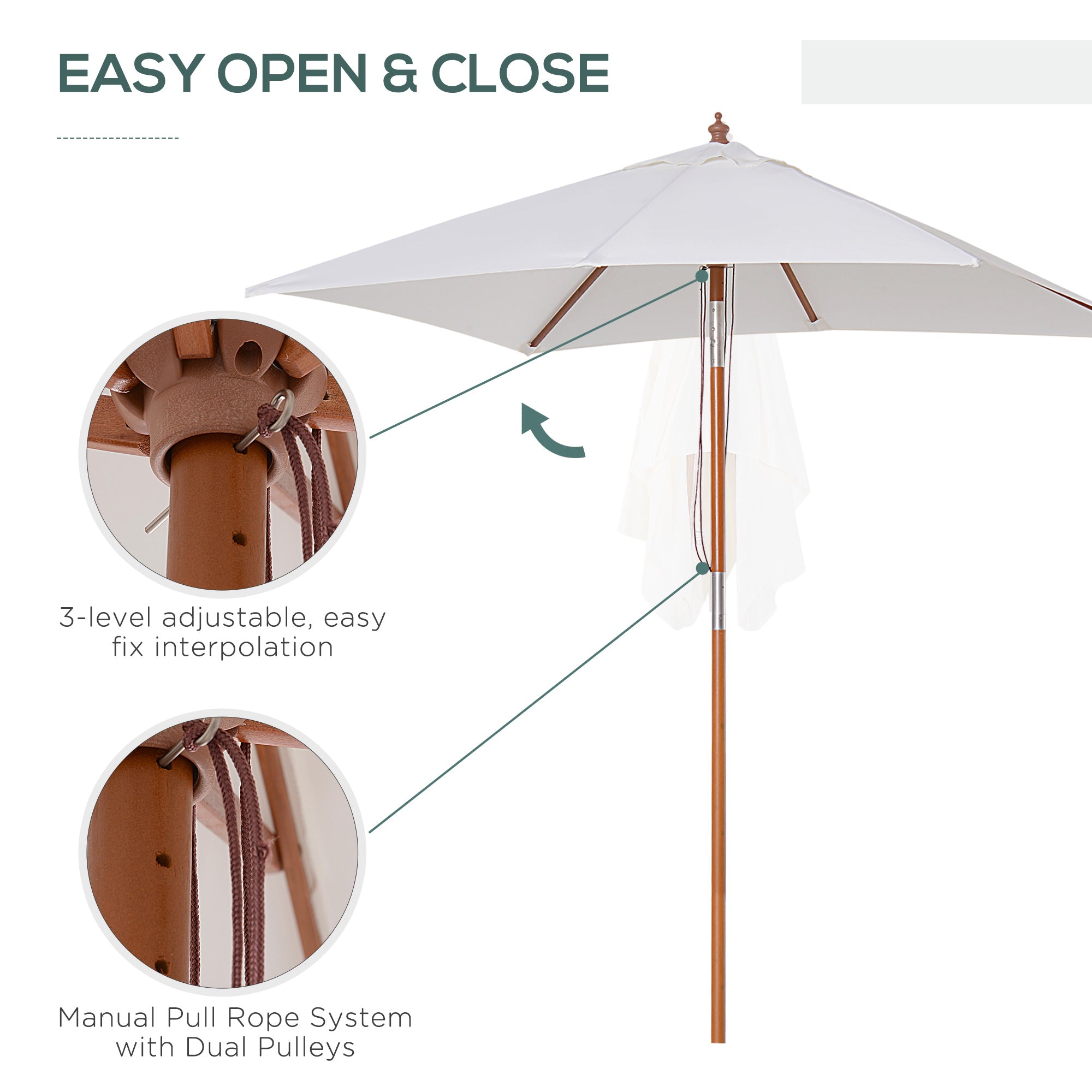 Outsunny 6.6x5ft Fir Wooden Patio Umbrella Square Market Parasol Tilt Mechanism 6 Ribs Garden Sunshade, Cream White