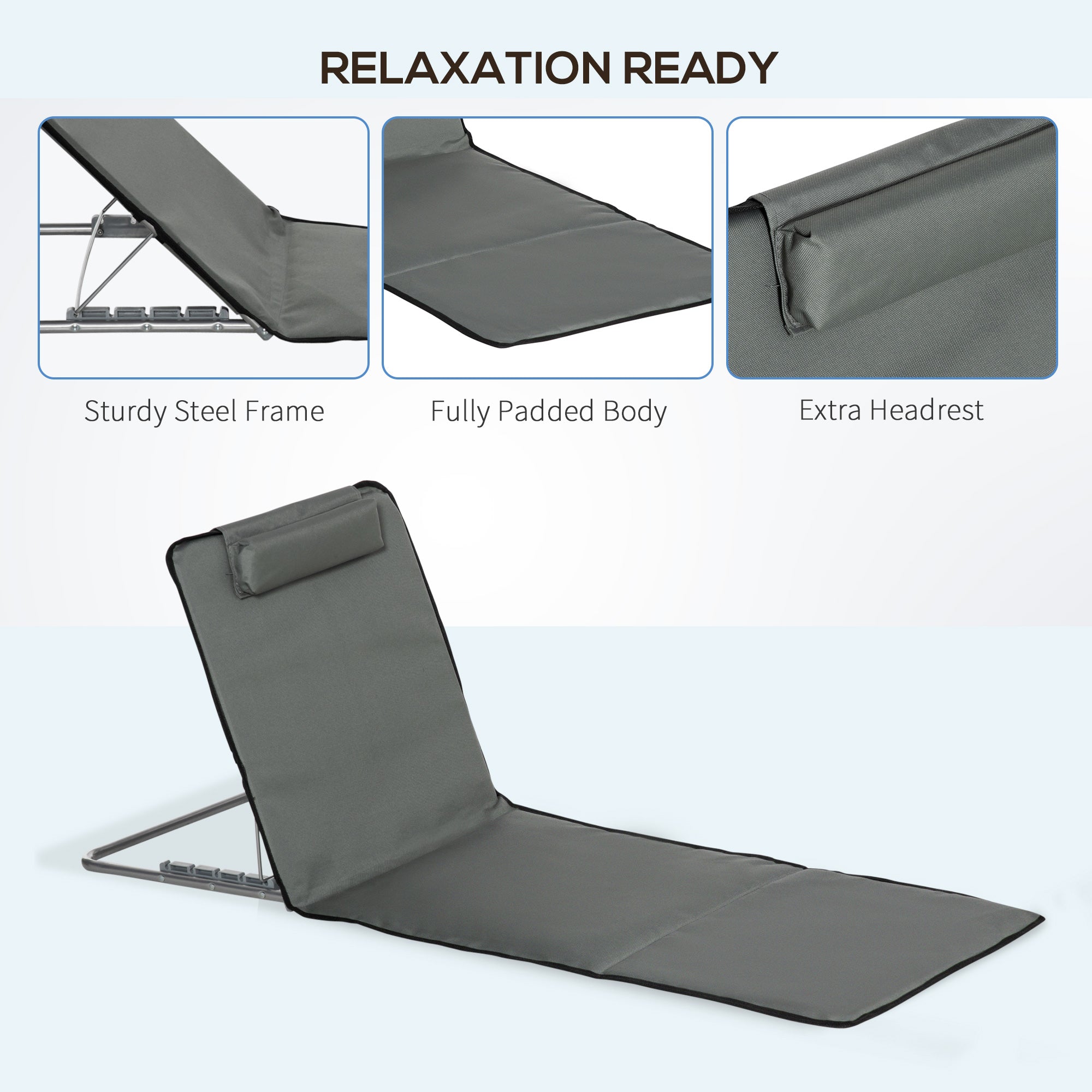 Outsunny Set of 2 Sun Lounger Beach Mat Folding Lounge Chair Mat with Adjustable Back Steel Frame Head Pillow Carry Bag Grey