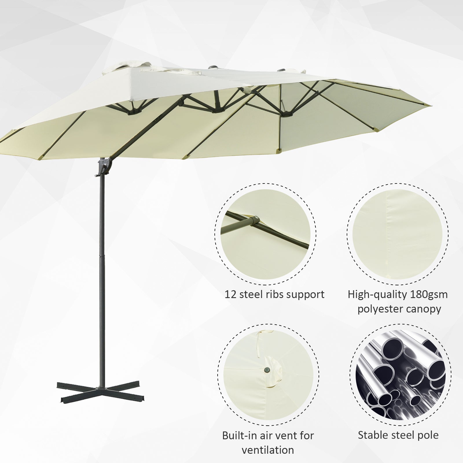 Outsunny Outdoor Patio Umbrella Offset Cantilever Umbrella with Twin Canopy Sunshade Umbrella with Lift Beige