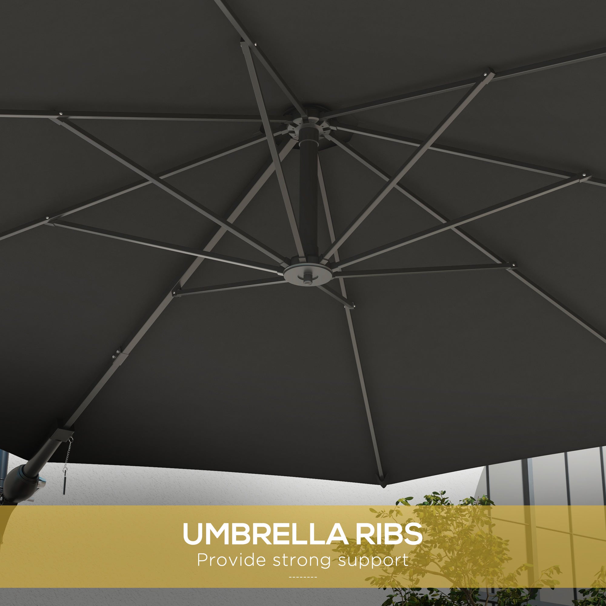 Outsunny 9.6 x 9.6 ft Wall Mounted Umbrella with Rotate, Patio Market Umbrella Parasol for Outdoor with Crank, Charcoal Grey