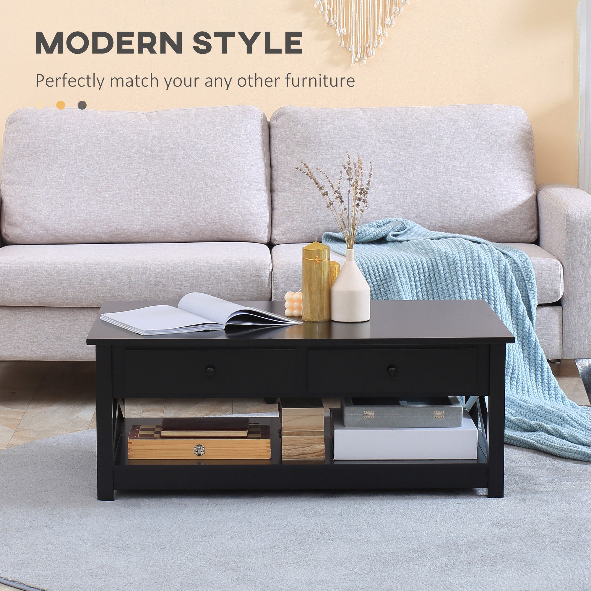 HOMCOM Coffee Table with Storage, Farmhouse Living Room Table with Drawers and Open Shelf, Centre Table with X-frames, Black