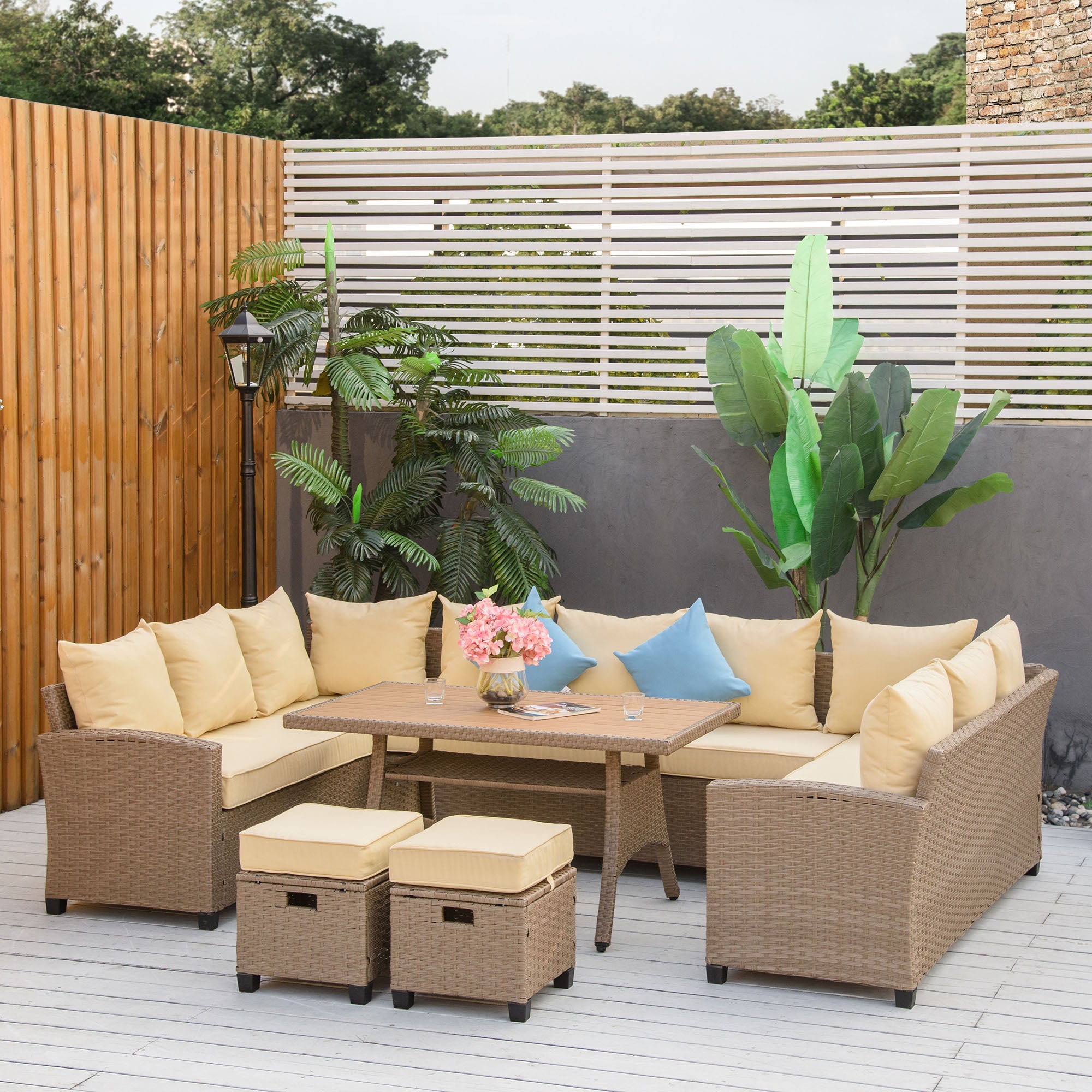 Outsunny 6 Pieces Patio Furniture Set, Outdoor Wicker Sofa Set, All Weather PE Rattan Conversation Furniture, with Strip Wood Grain Plastic Coffee Table & Cushions, Khaki