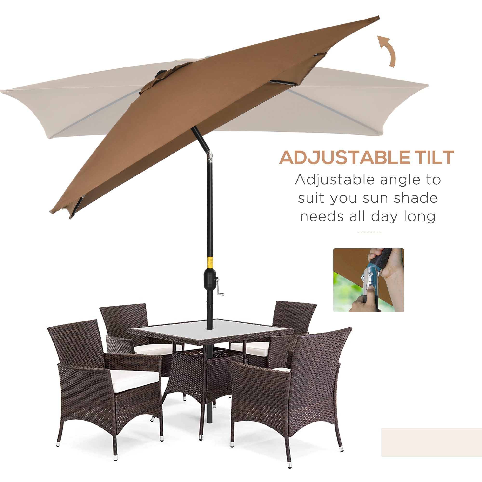 Outsunny 6.5x10ft Rectangle Aluminum Tilt Patio Umbrella, Garden Market Parasol, Outdoor Sunshade Canopy with Crank, Coffee