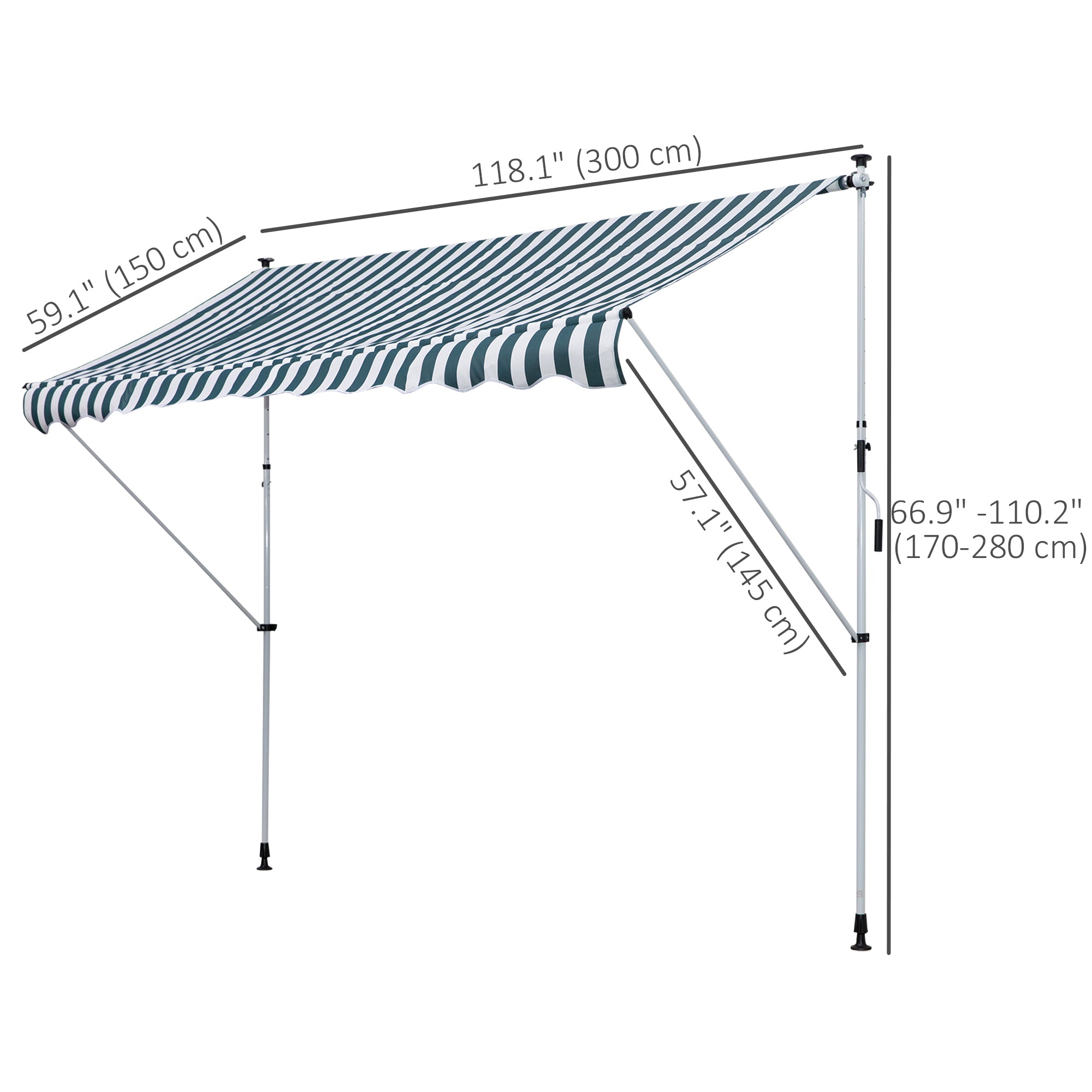 Outsunny 10x5ft Manual Retractable Awning, Patio Sun Shade Canopy Shelter with 5.6-9.2ft Support Pole, Water Resistant UV Protector, for Window, Door, Porch, Deck, Green