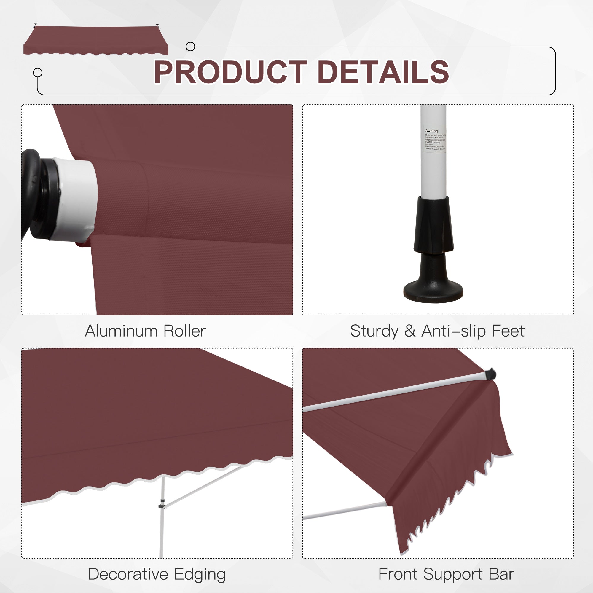 Outsunny 10x5ft Patio Sun Shade Canopy Manual Retractable Awning with 5.6-9.2ft Support Pole for Window, Door, Porch, Wine Red