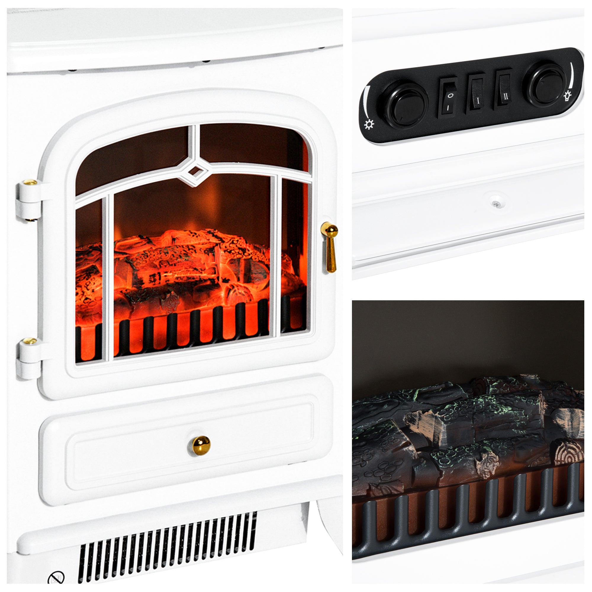 HOMCOM 16" Free Standing Electric Fireplace Portable Adjustable Stove with Heater Wood Burning Flame 750/1500W White
