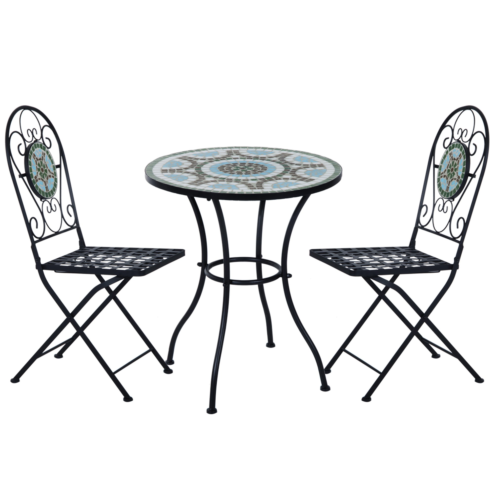 Outsunny 3 Piece Patio Bistro Set with Mosaic Design, Outdoor Dining Furniture Set for 2 with Folding Chairs, Green