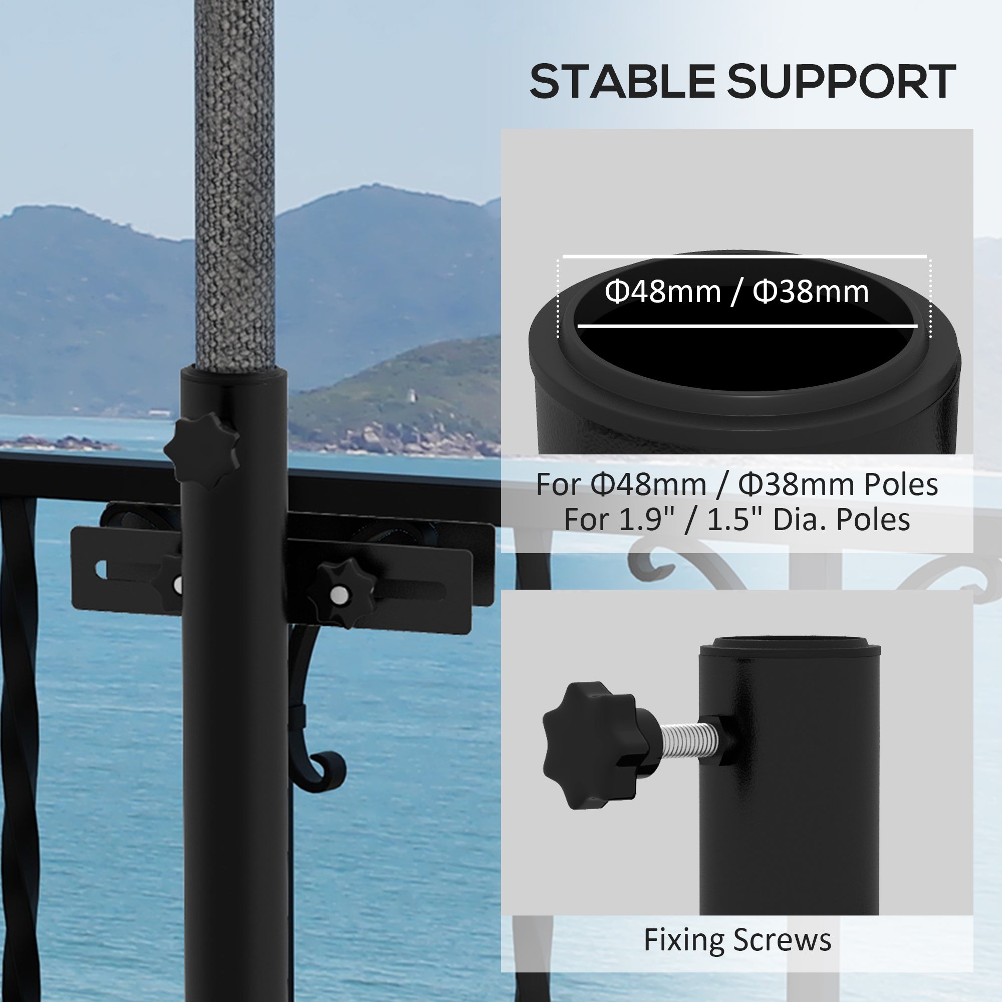 Outsunny Patio Umbrella Holder Stand for Deck Railing, Umbrella Deck Mount Bracket with Adjustable Clamps, Black