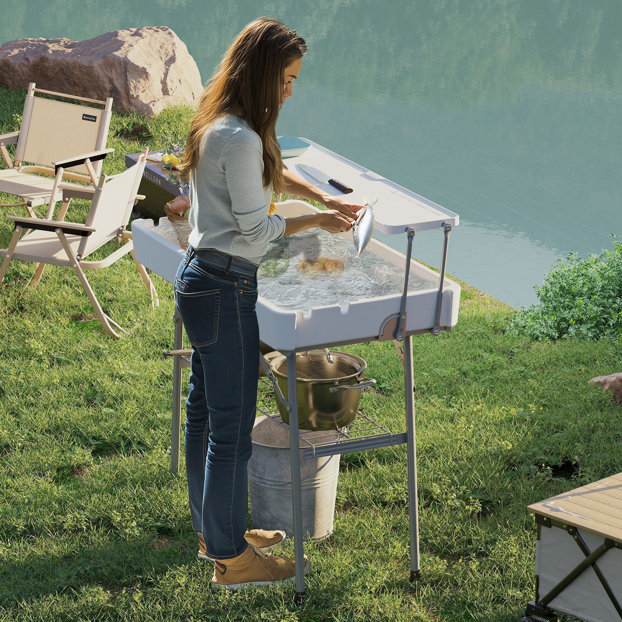 Outsunny 3.5ft Folding Ice Cooler Table with Drain, 2-Tier Outdoor Patio Party Cooler, Fishing Cleaning Table with Storage Shelf for Picnic BBQ Camping Wedding, White