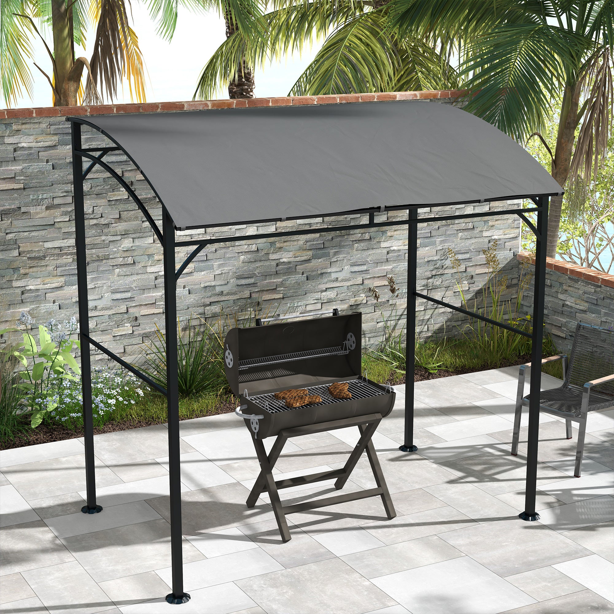 Outsunny 7' x 5' Garden Grill Canopy, BBQ Grill Gazebo Tent with Steel Frame and Hooks, Outdoor Sun Shade, Charcoal Grey