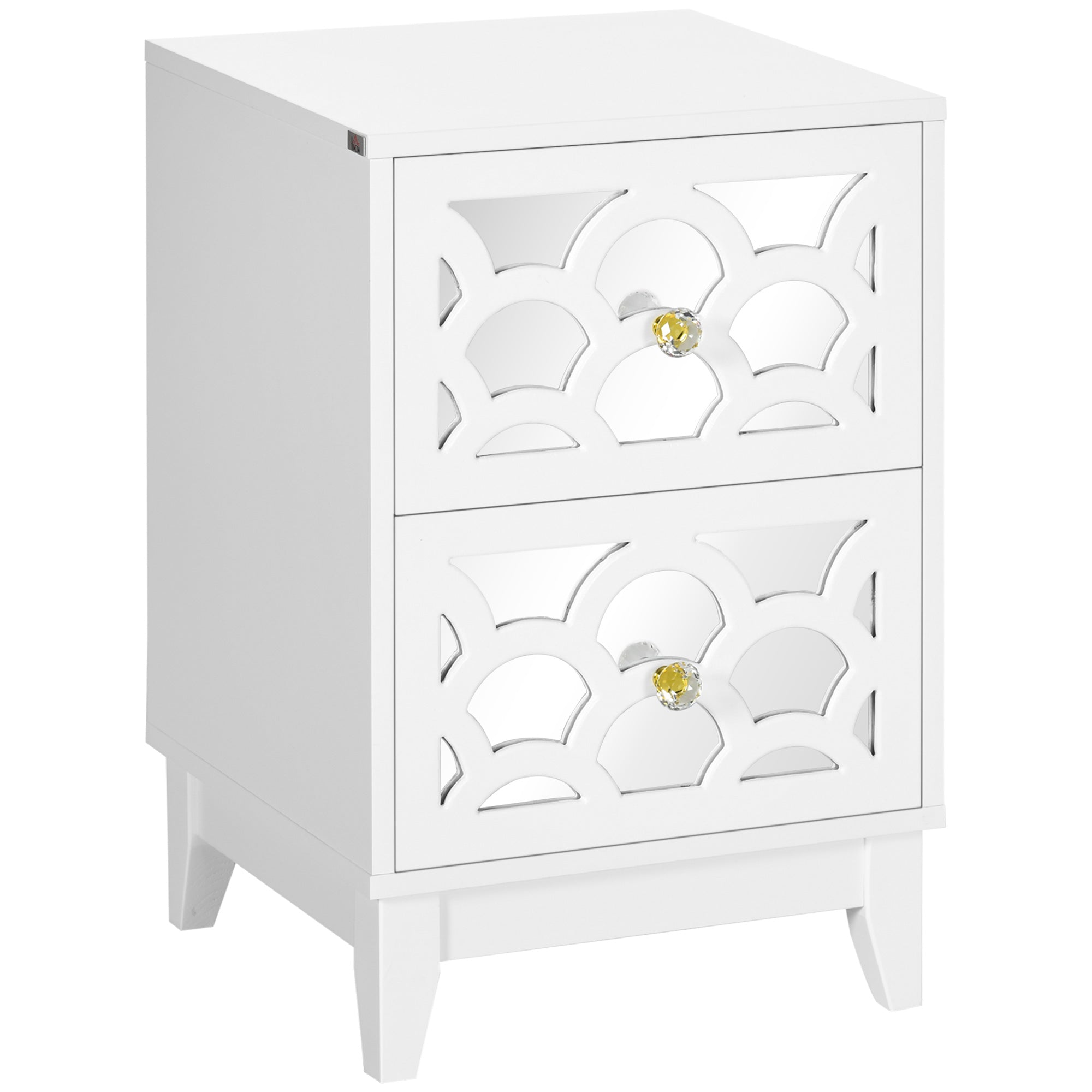 HOMCOM Modern Bedside Table, Side End Table with Drawers and Front Mirror, 15.4"x14.4"x23.6", White