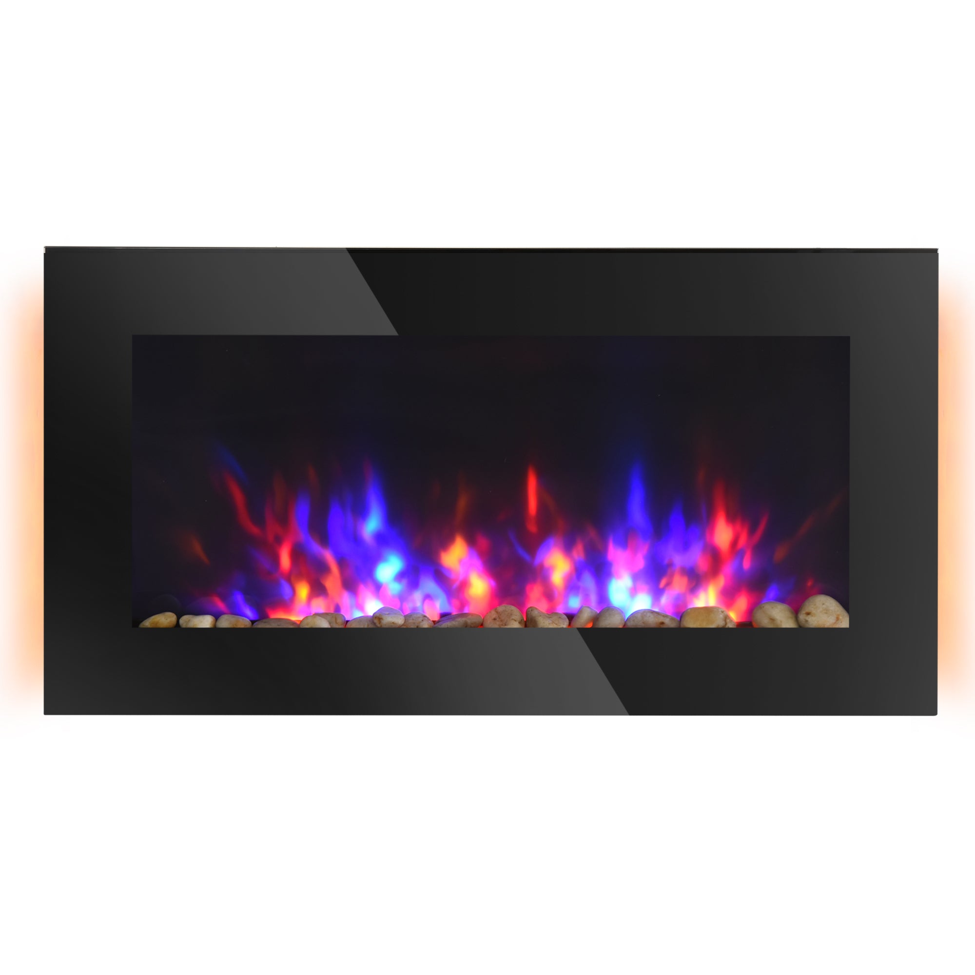HOMCOM 36" Wall-Mounted Electric Fireplace, 750/1500W Fireplace Heater with Flame Effect, 7 Color Background Light and Side Light, Black