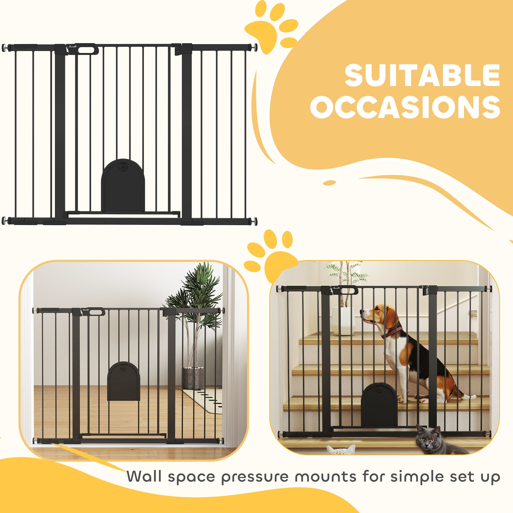 PawHut 30"-52" Extra Wide Pet Gate Barrier with Small Door, 35"H Dog Gate with Safety Gate Barrier, Stair Pressure Fit, Black