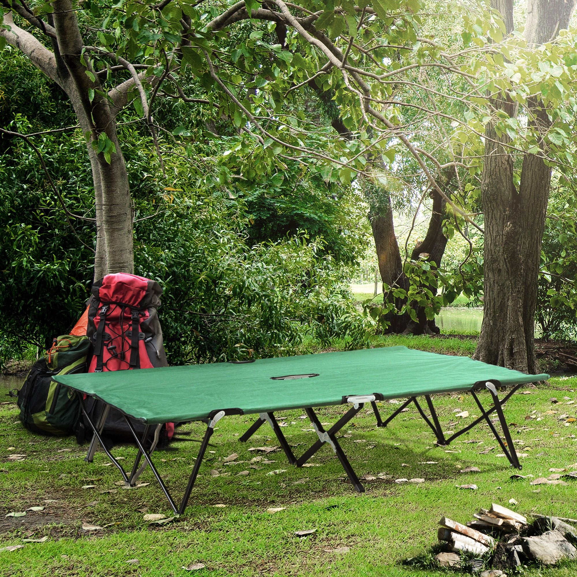 Outsunny 76" Two Person Folding Camping Cot Outdoor Portable Double Cot Wide Military Sleeping Bed w/ Carrying Bag Green