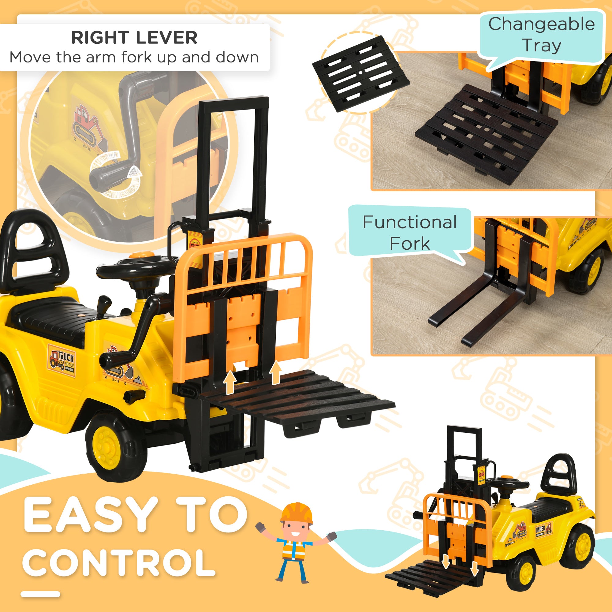 Aosom Ride On Forklift Toy No Power Construction Truck with Fork Tray Storage, for 3-4 Years Old, 33.9"x10.8"x 18.7", Yellow