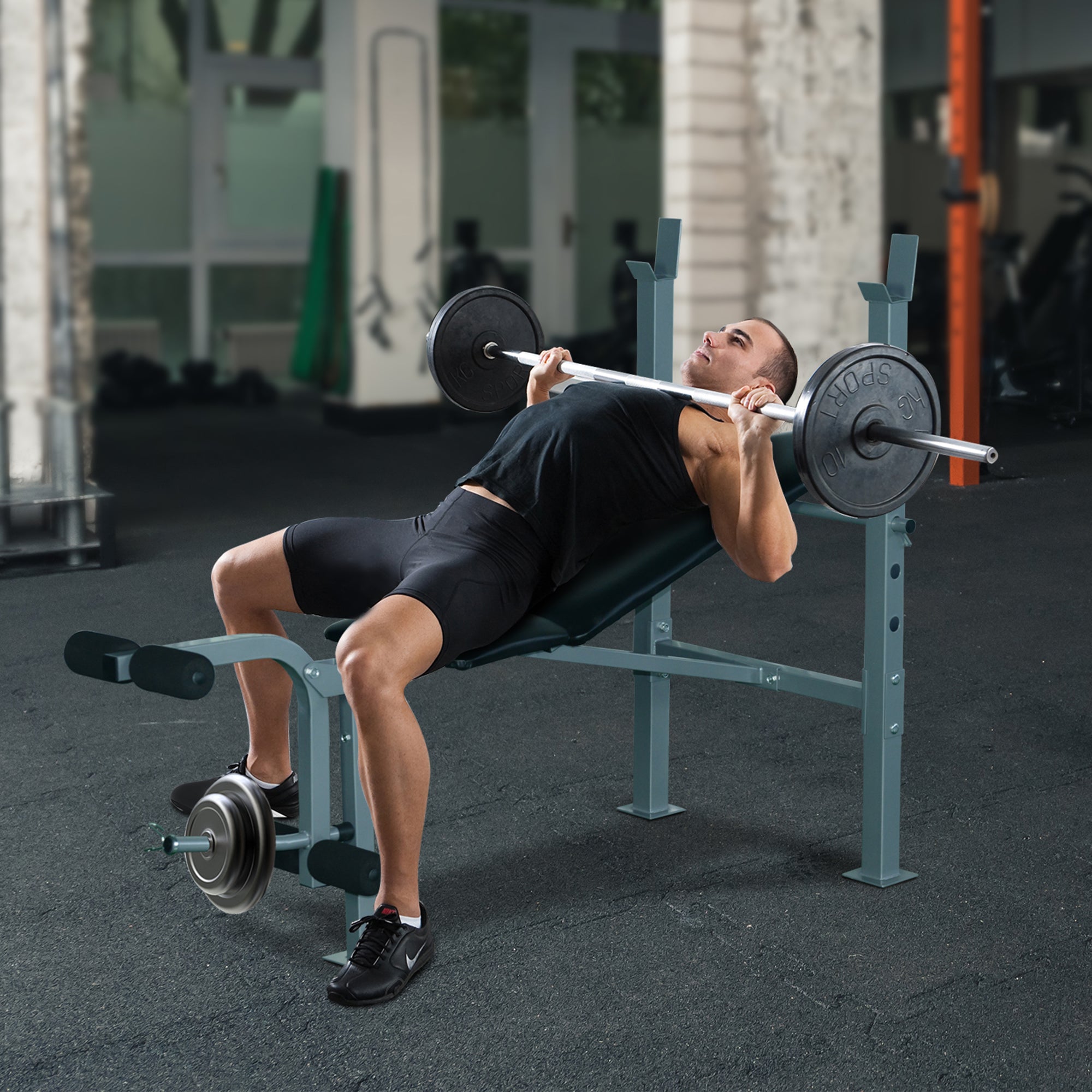 Soozier Incline Decline Weight Bench with Leg Extension and Barbell Rack, Adjustable Bench Press Weight Lifting Bench