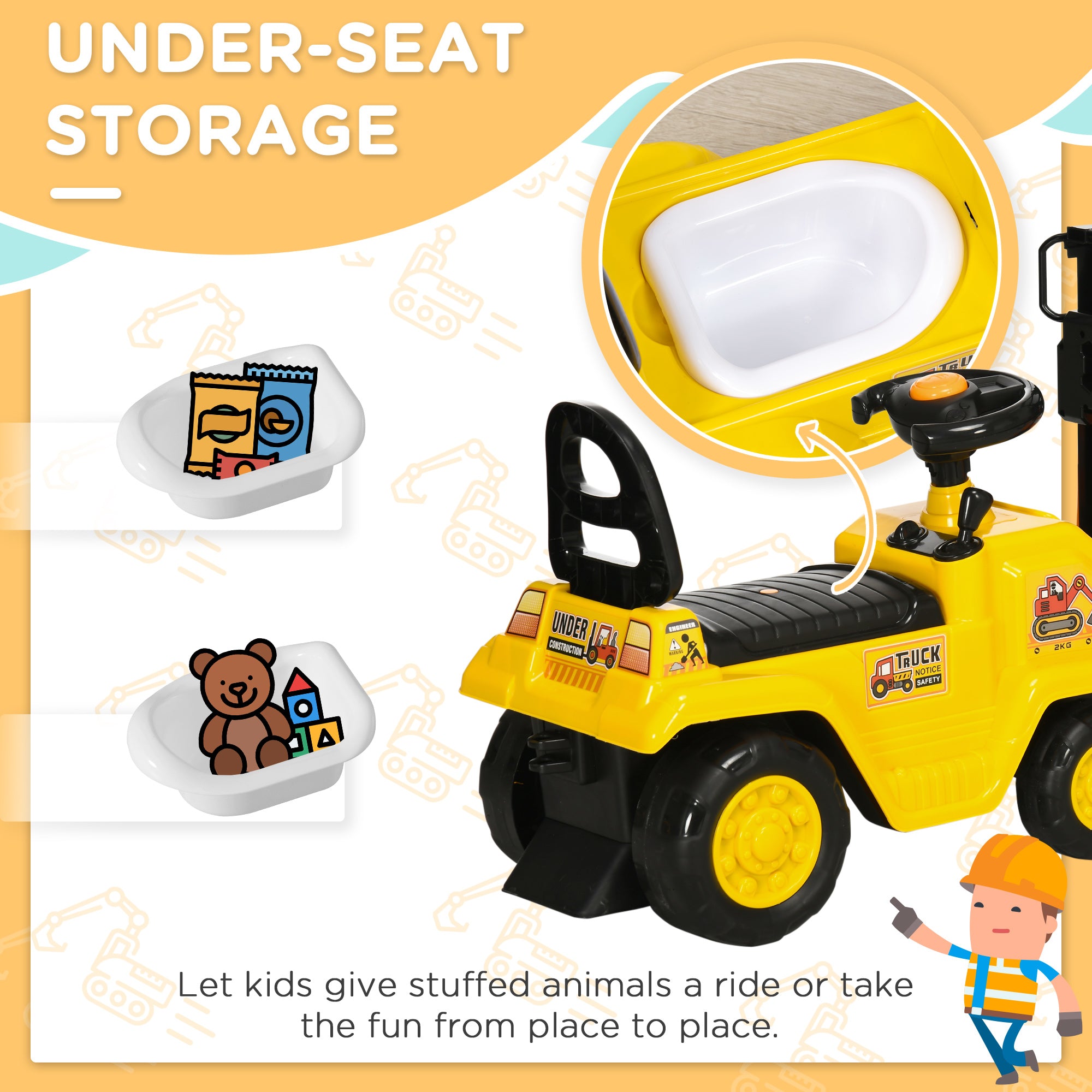 Aosom Ride On Forklift Toy No Power Construction Truck with Fork Tray Storage, for 3-4 Years Old, 33.9"x10.8"x 18.7", Yellow