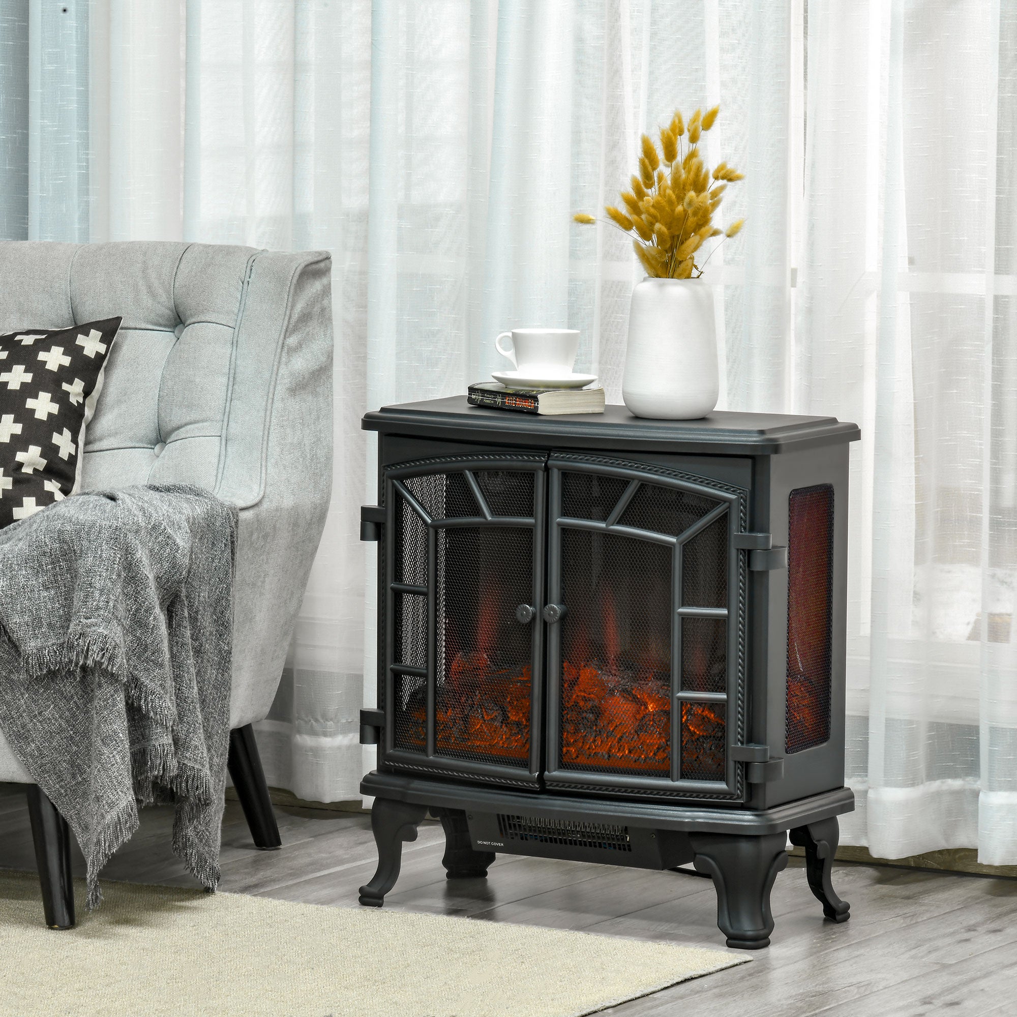 HOMCOM Electric Fireplace Heater, Freestanding Fireplace Stove with Realistic Flame Effect, Timer, Overheating Protection, 750W/1500W, Black