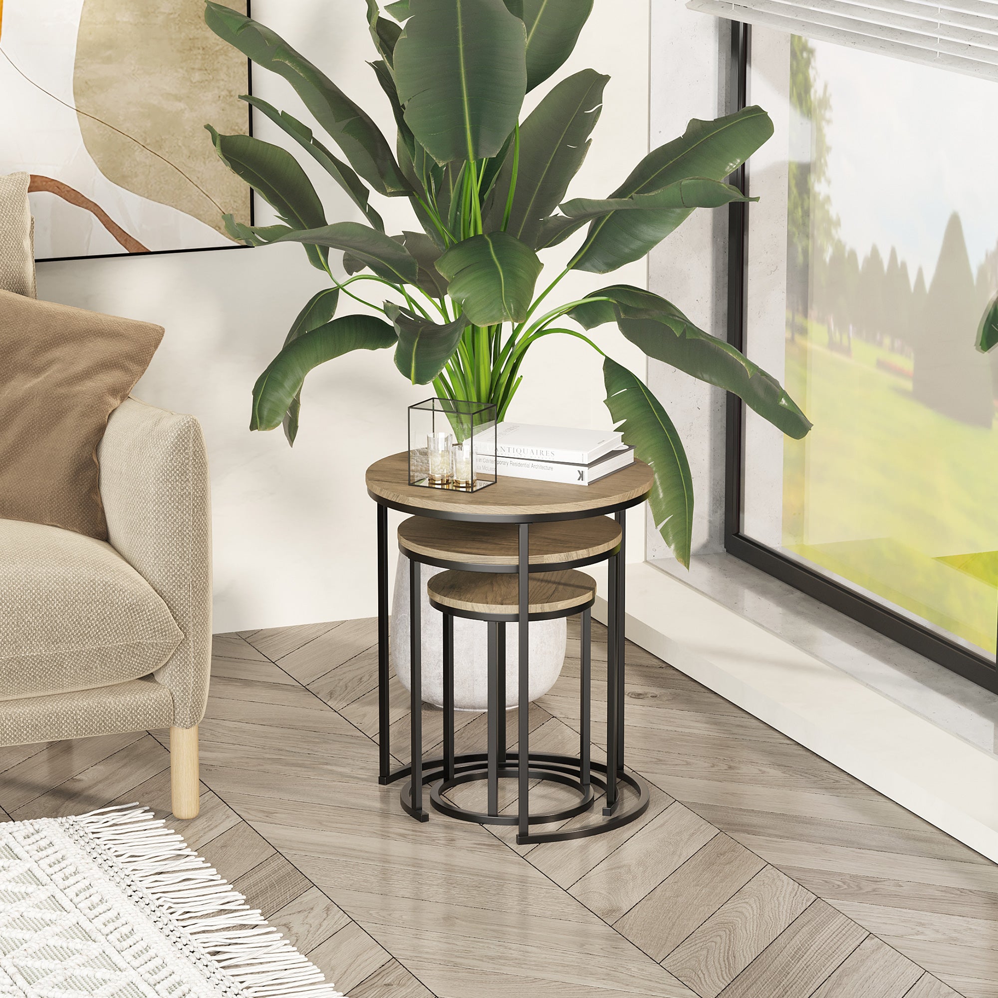 HOMCOM Nesting Tables Set of 3, Round Coffee Table, Stacking Side Tables with Steel Frame for Living Room