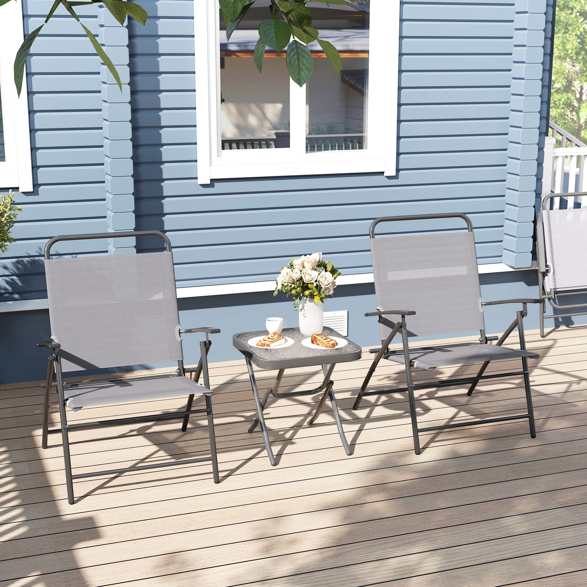 Outsunny Folding Bistro Set, Small Patio Set with Back Adjustable Chairs and Glass Top Table for Garden, Balcony, Porch, Grey