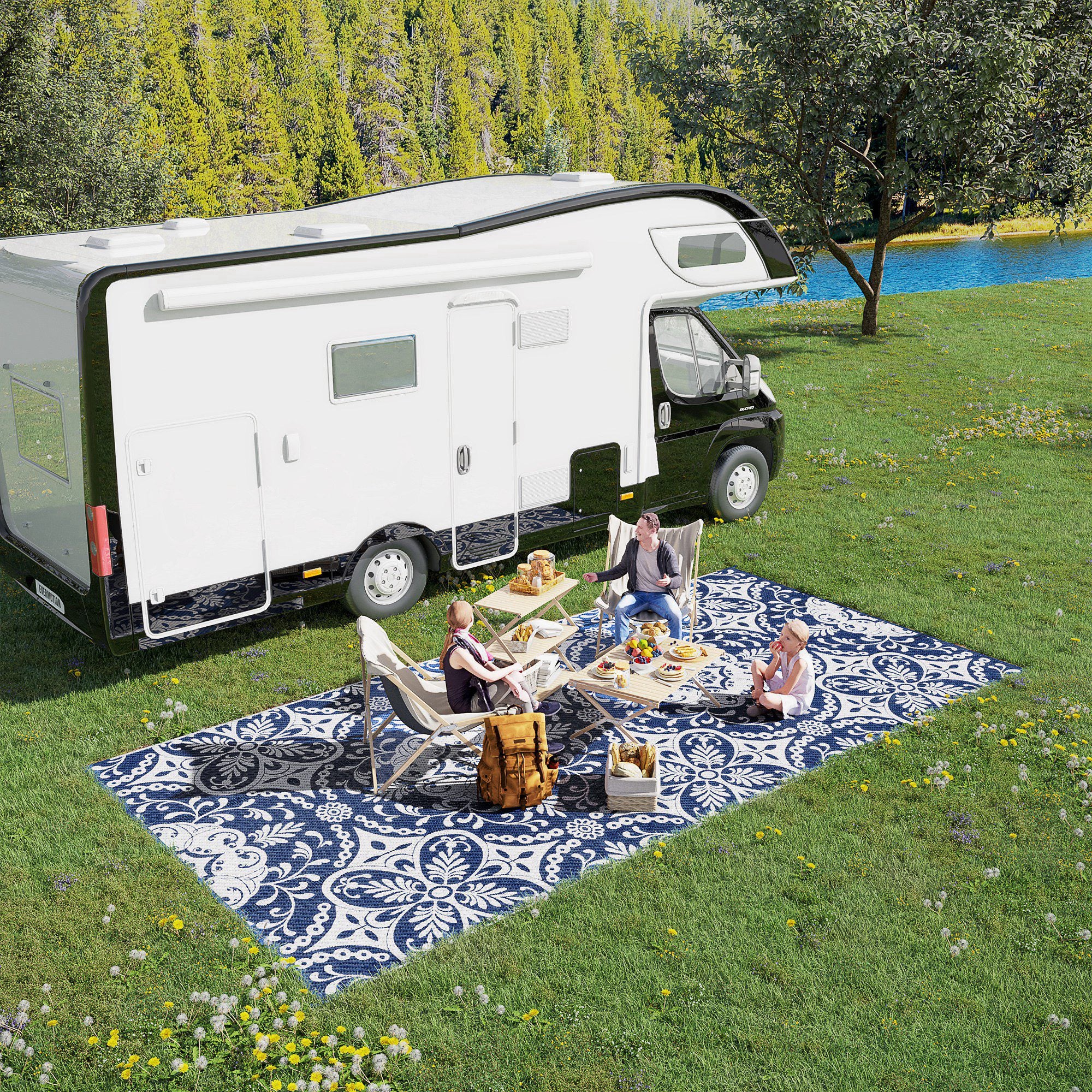 Outsunny Portable Outdoor Rug with Carry Bag, 9' x 18' Reversible Mat, Waterproof Plastic Straw RV Rug for Backyard, Deck, Picnic, Beach, Camping, Blue & White Flower