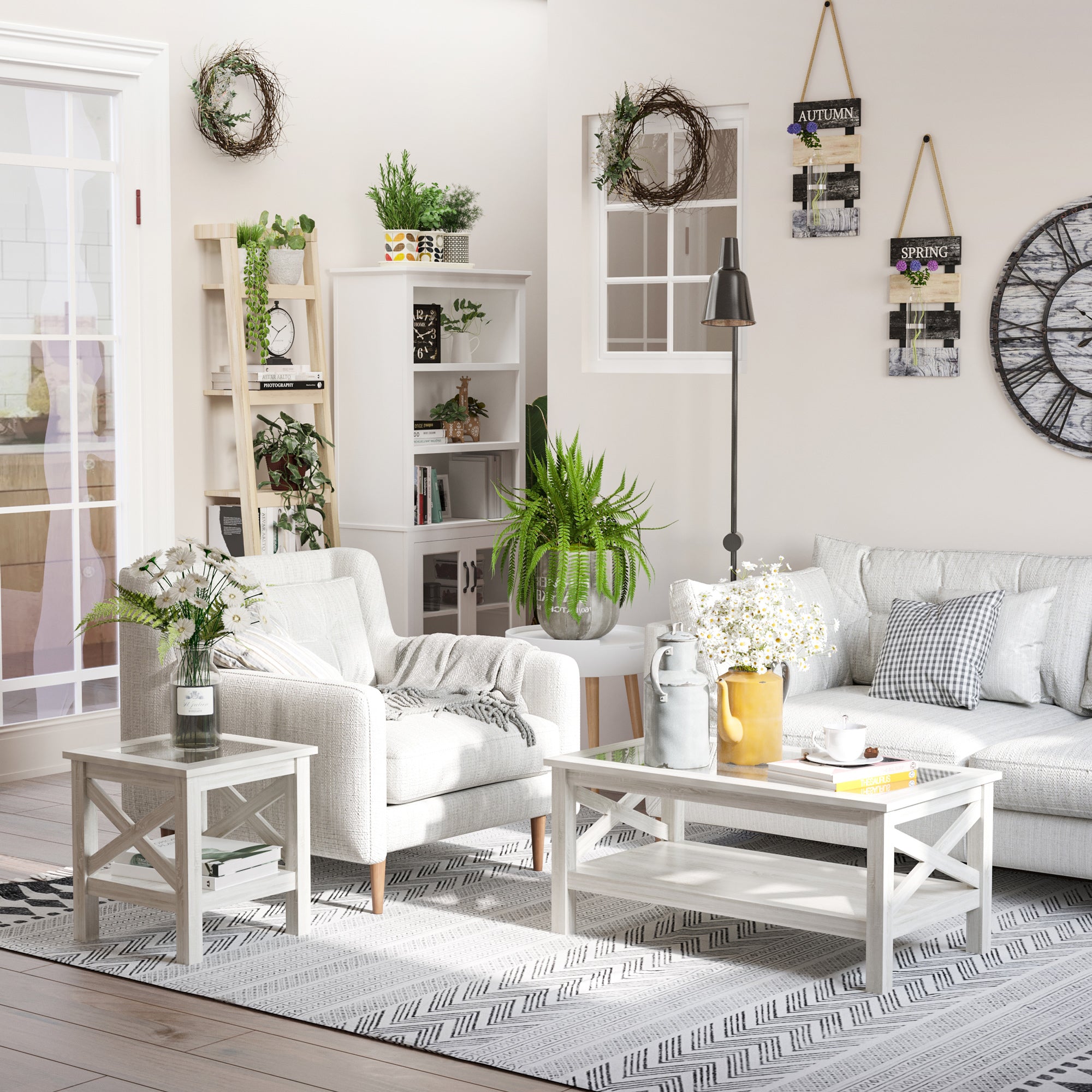 HOMCOM Farmhouse Coffee Table with Tempered Glass Table Top, 2-tier Center Table with Bottom Storage Shelf for Living Room, Bedroom
