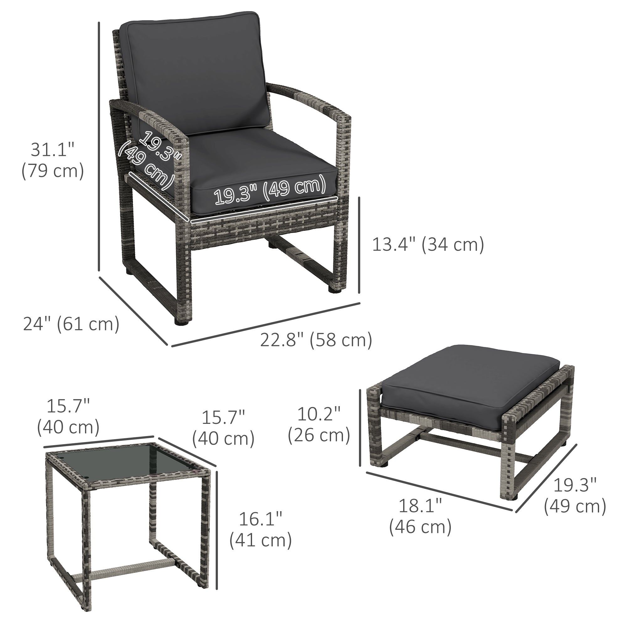 Outsunny 5 Pieces Patio Furniture Set with Armchair, Stool, Table, Cushions, Outdoor Wicker Conversation Sofa Set for Garden