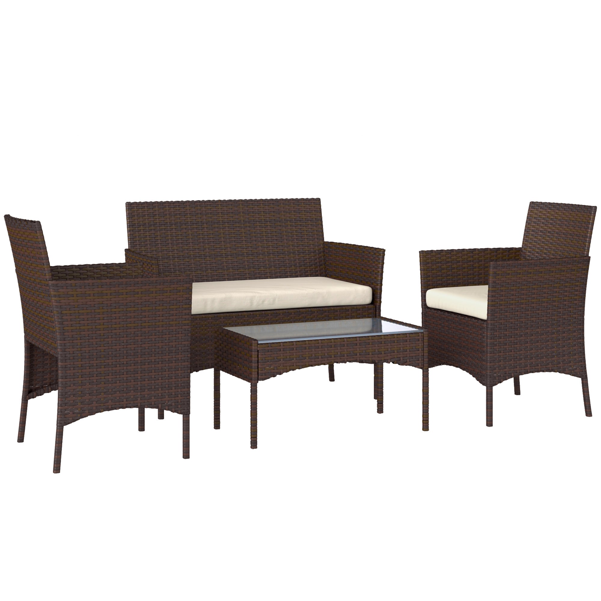 Outsunny 4 Pieces Wicker Outdoor Balcony Furniture Set Rattan Patio Furniture Set with Loveseat Chairs Glass Coffee Table Beige