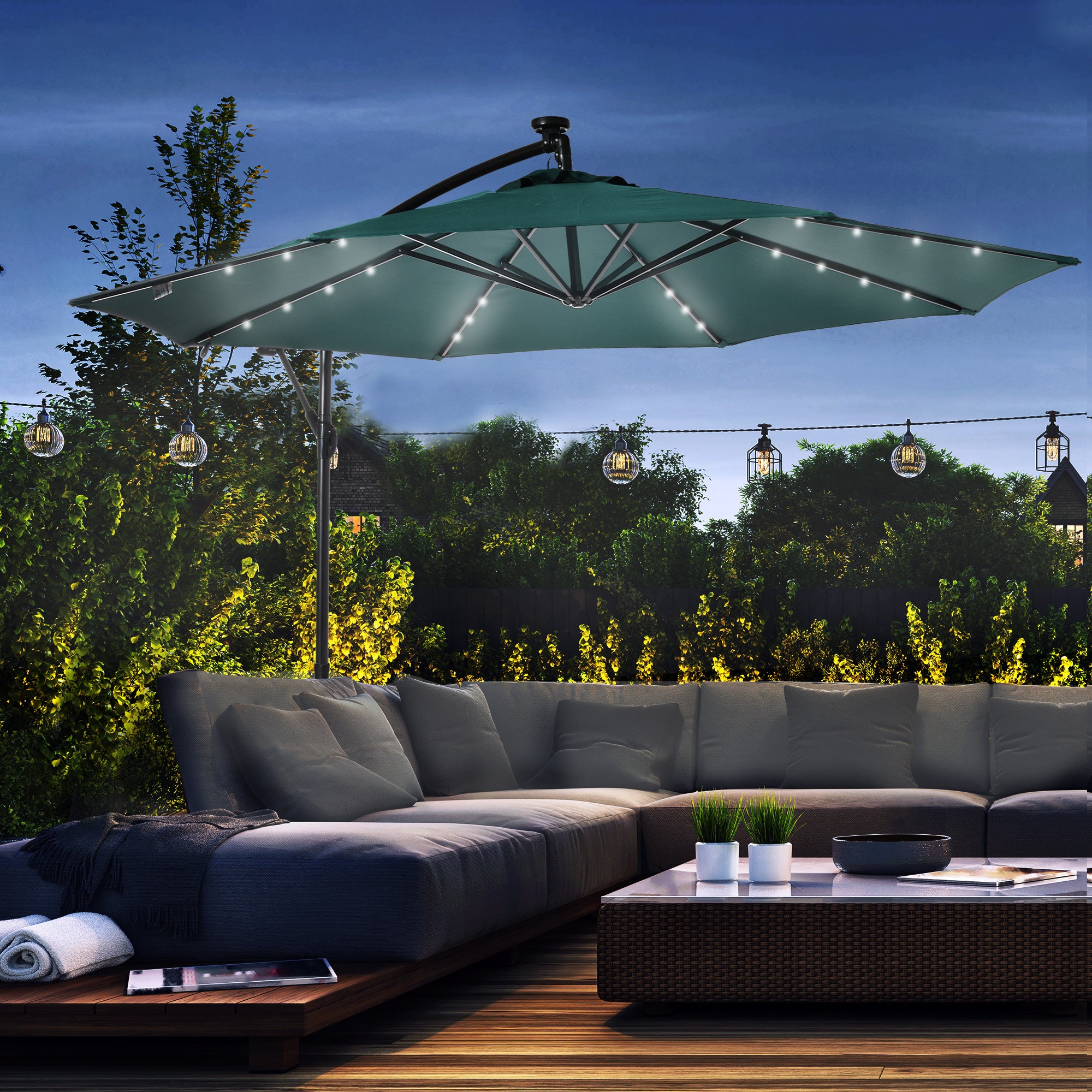 Outsunny 10ft Outdoor Cantilever Umbrella Patio Solor Banana Umbrella with Lights Adjustable Angle for Patio Backyard Dark Green