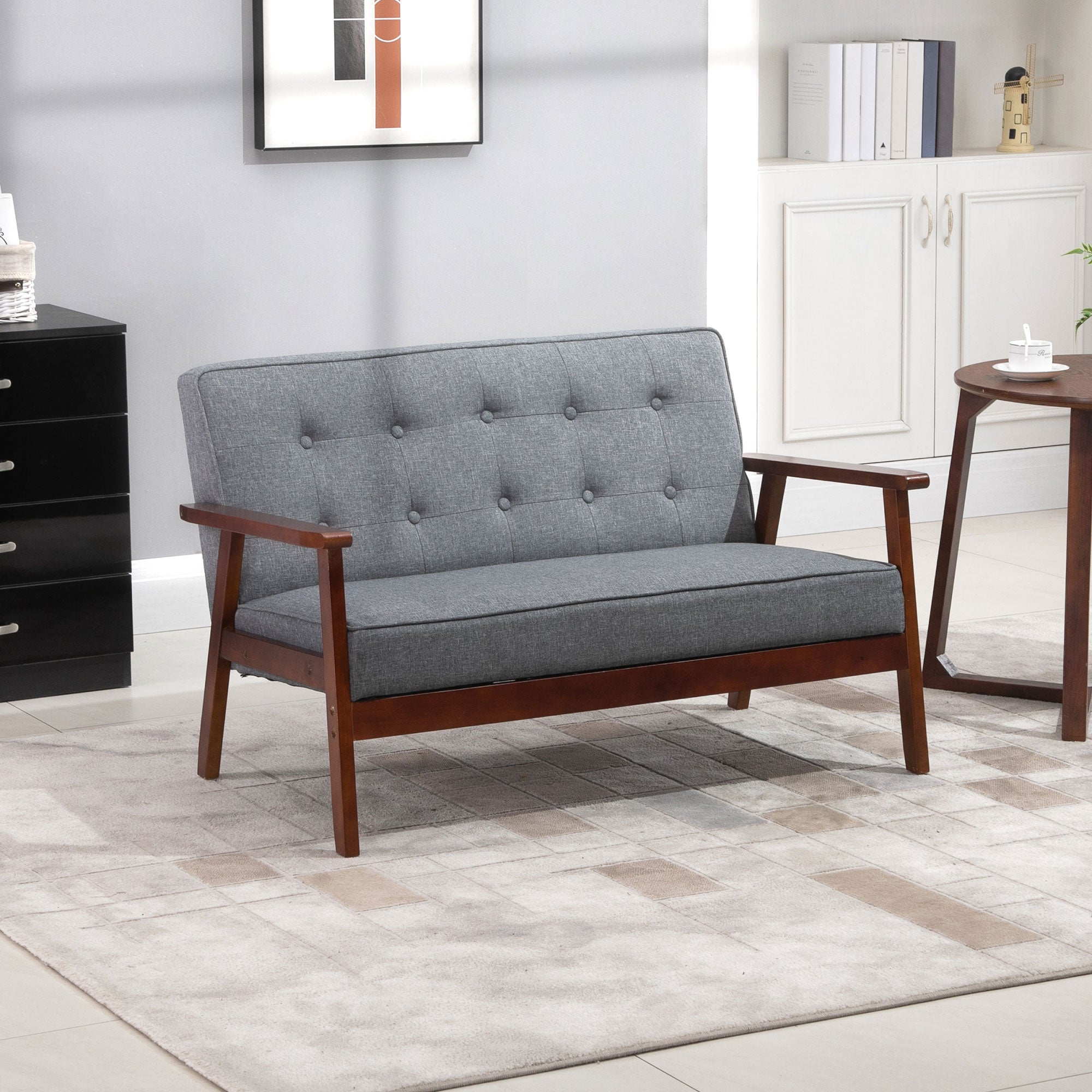 HOMCOM 44.5" 2 Seat Sofa for Bedroom, Modern Upholstered Loveseat with Button Tufted Back and Wood Legs, Grey