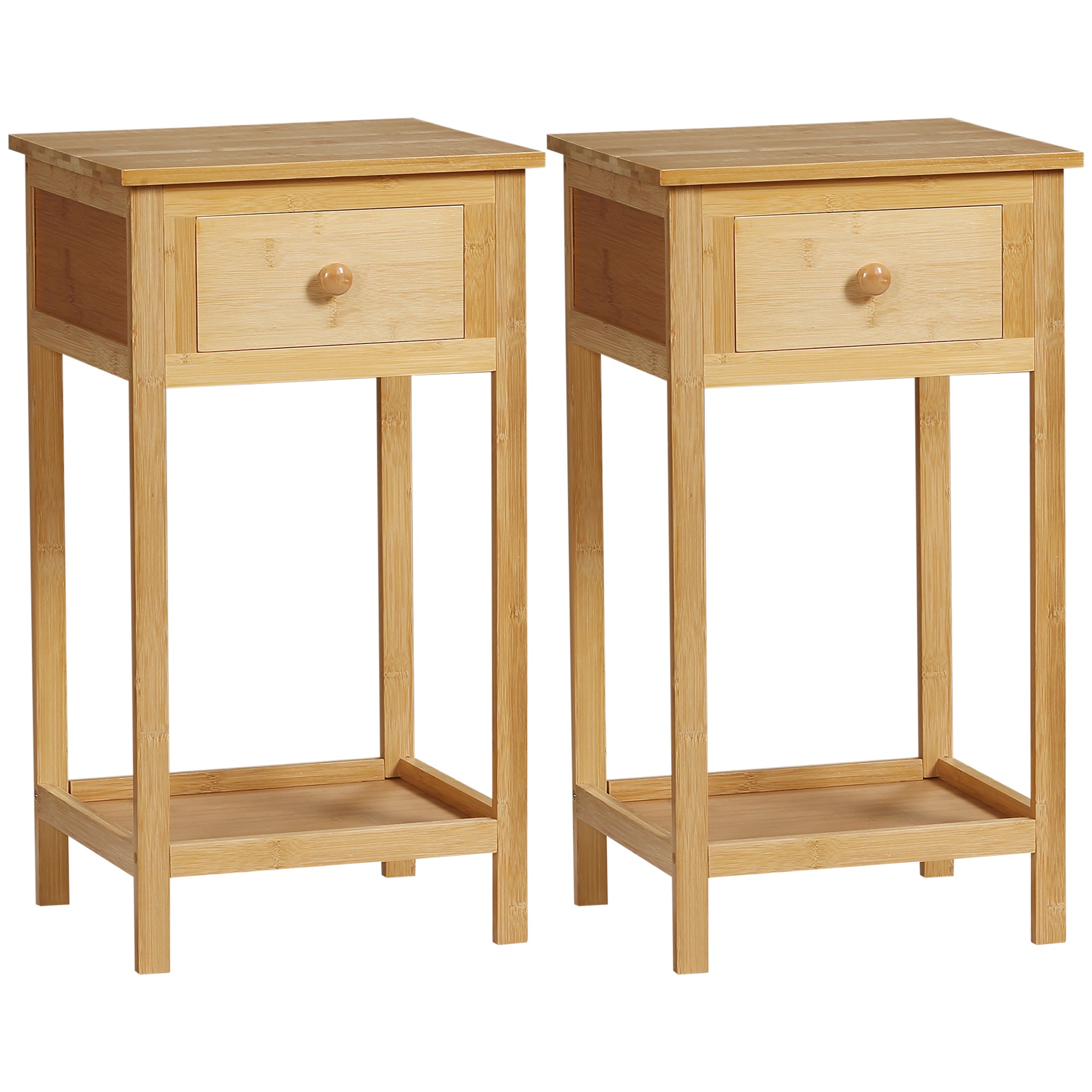 HOMCOM Bamboo Side Table with Drawer and Storage Shelf, Slim End Table Nightstand for Small Spaces, Natural