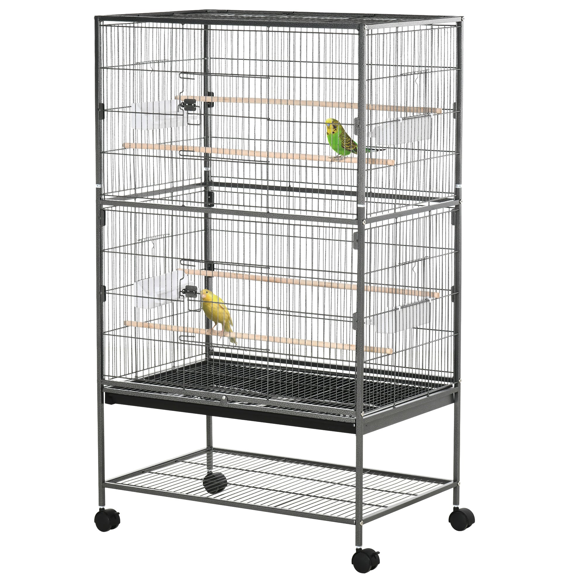 PawHut 52'' Large Rolling Steel Bird Cage Bird House with Rolling Stand, Storage Shelf, Wood Perch, Food Container, Dark Grey