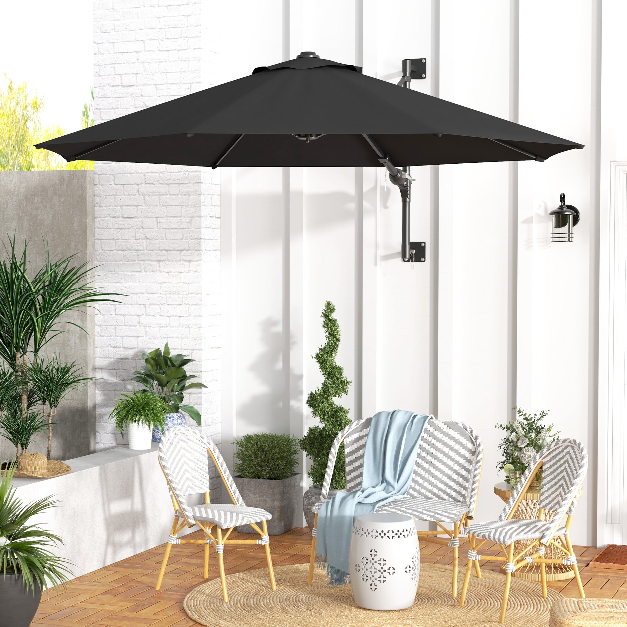 Outsunny 9.6 x 9.6 ft Wall Mounted Umbrella with Rotate, Patio Market Umbrella Parasol for Outdoor with Crank, Charcoal Grey