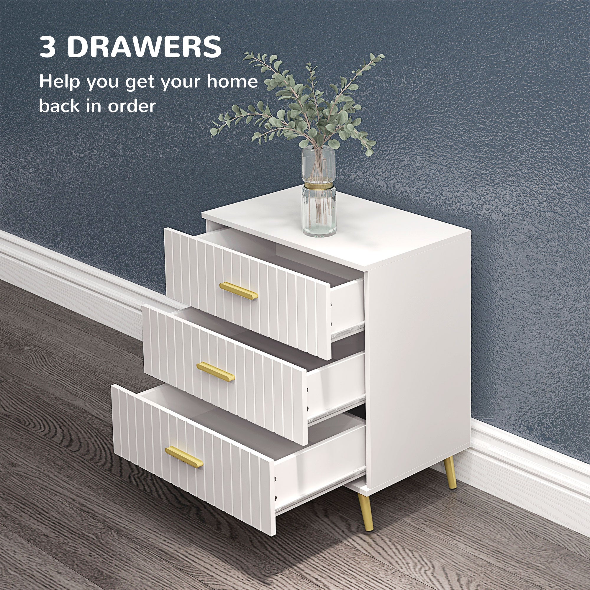 HOMCOM 3 Drawer Cabinet, Drawer Chest for Bedroom, Chest of Drawers with Aluminium Legs and Gold Handles, White
