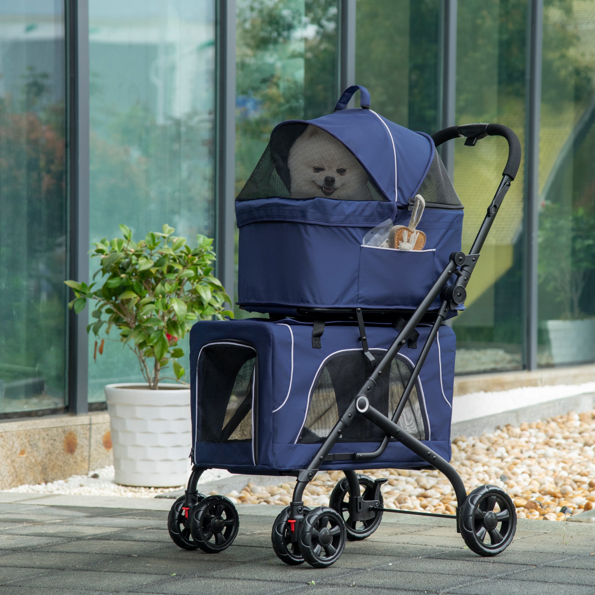 PawHut 3-in-1 Double Pet Stroller for Small Miniature Dogs Cats with Removable Carrier, Foldable Travel Carrier Bag, Car Seat, Blue