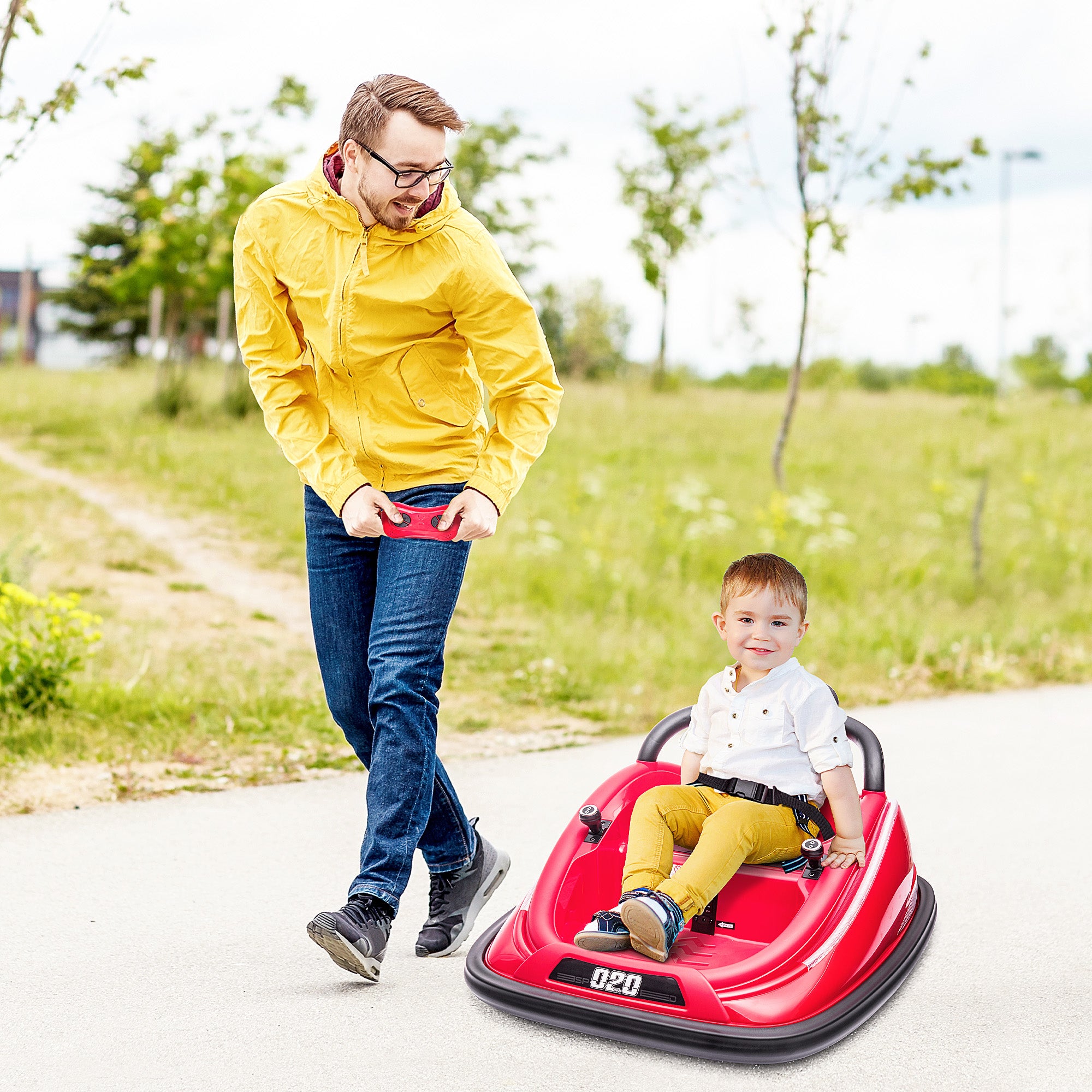 Aosom 12V Kids Bumper Car, 360° Rotation Electric Ride On Car, Twins Motor Battery Powered Toy, w/ Parent Remote Control, Safety Belt, Colorful LED Lights,, Red